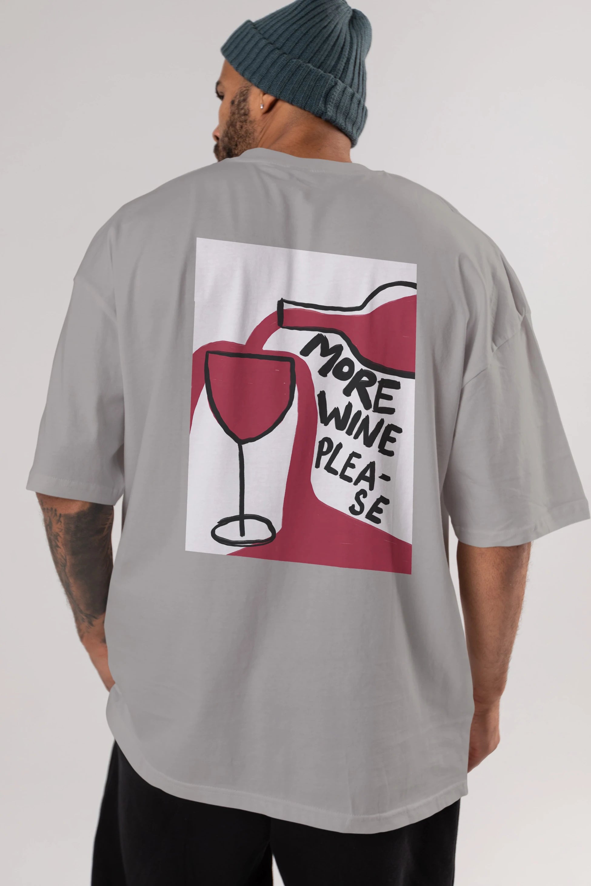 More Wine Please Arka Baskılı Oversize t-shirt Erkek Kadın Unisex %100 Pamuk Bisiklet Yaka tişort