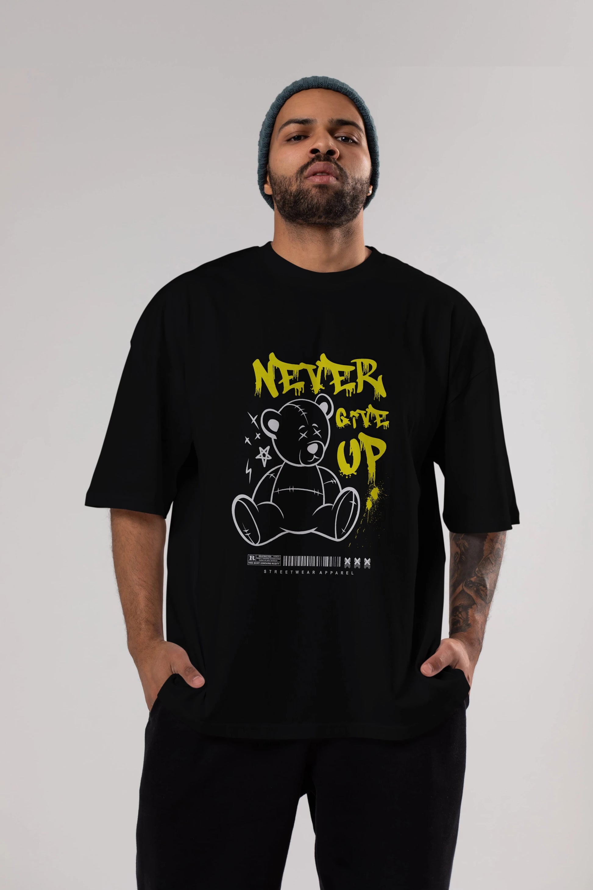 Teddy Bear Never Give Up Ön Baskılı Oversize t-shirt Erkek Kadın Unisex