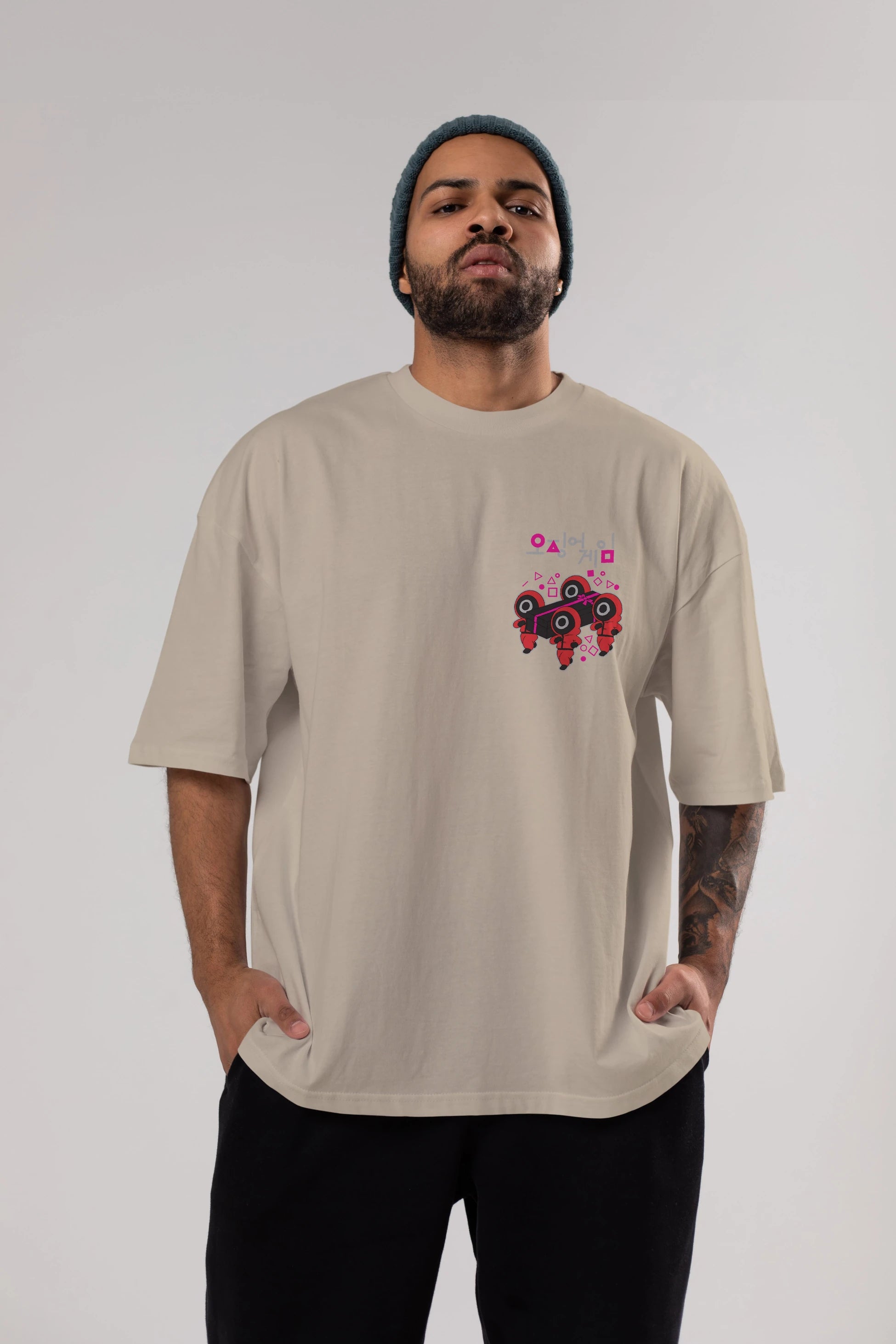 Squid Game (6) Ön Sol Baskılı Oversize t-shirt Erkek Kadın Unisex %100 Pamuk Bisiklet Yaka tişort