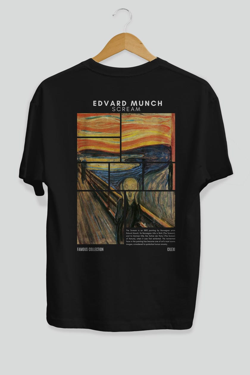 Edvard Munch Scream Arka Baskılı Oversize t-shirt Erkek Kadın Bisiklet Yaka Pamuk tişort