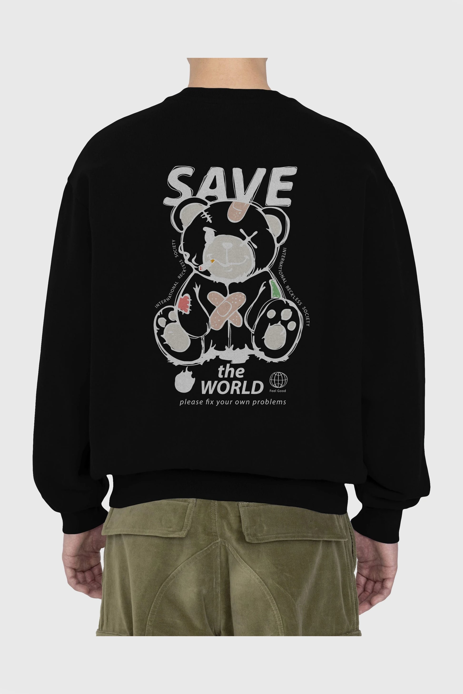 Save the World Bear Arka Baskılı Oversize Sweatshirt Erkek Kadın Unisex