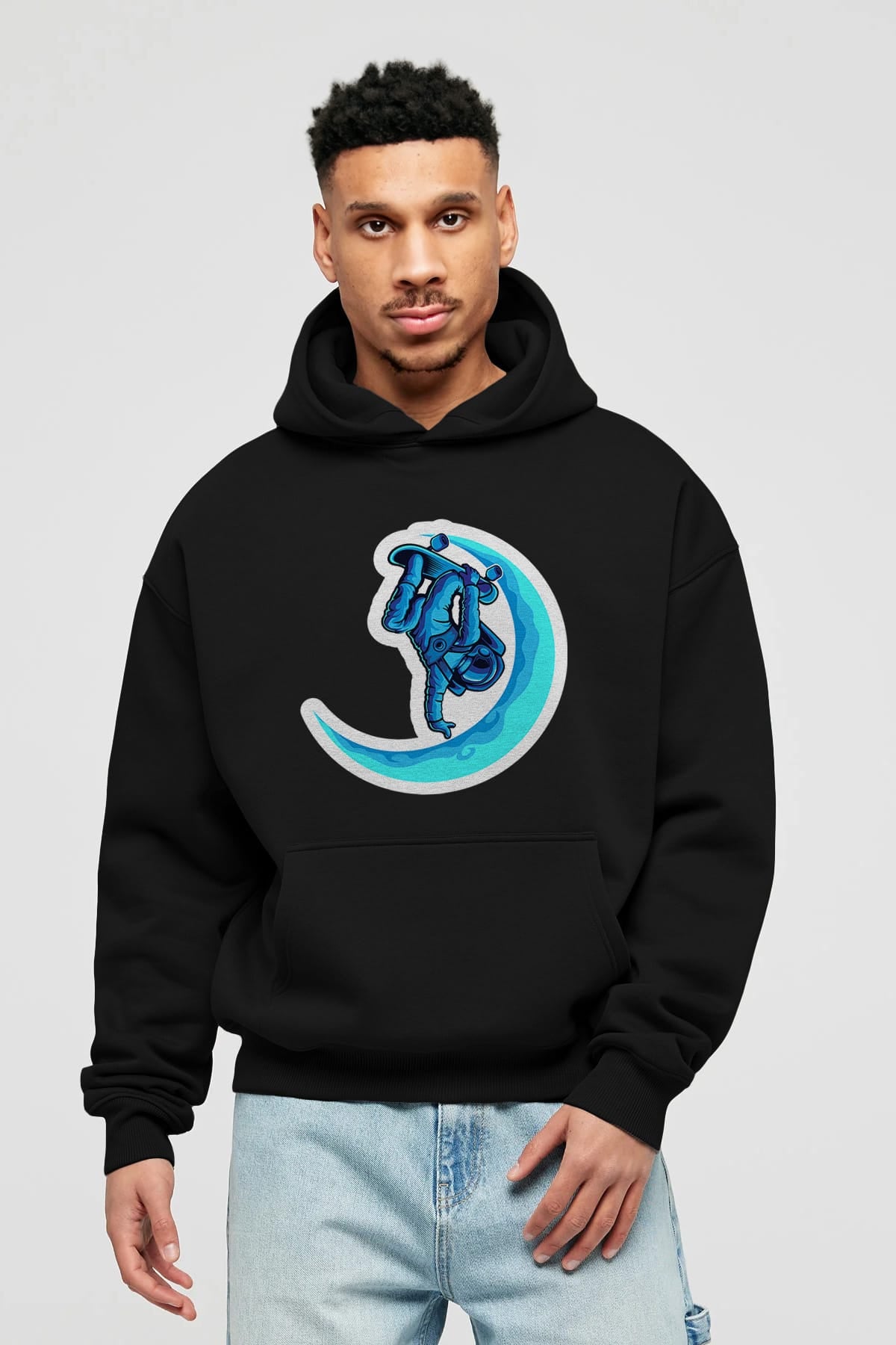 Skating on the moon sticker Ön Baskılı Hoodie Oversize Kapüşonlu Sweatshirt Erkek Kadın Unisex
