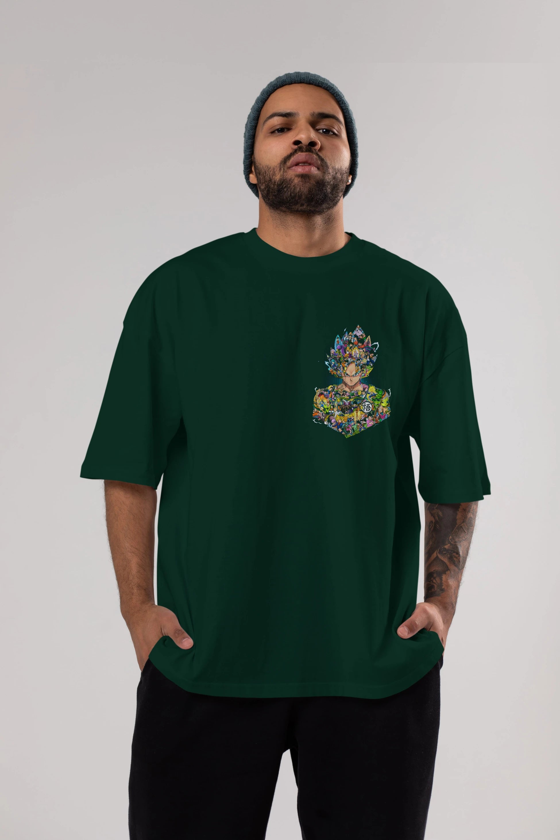 DRAGON BALL ART Ön Sol Baskılı Oversize t-shirt Erkek Kadın Unisex %100 Pamuk Bisiklet Yaka tişort