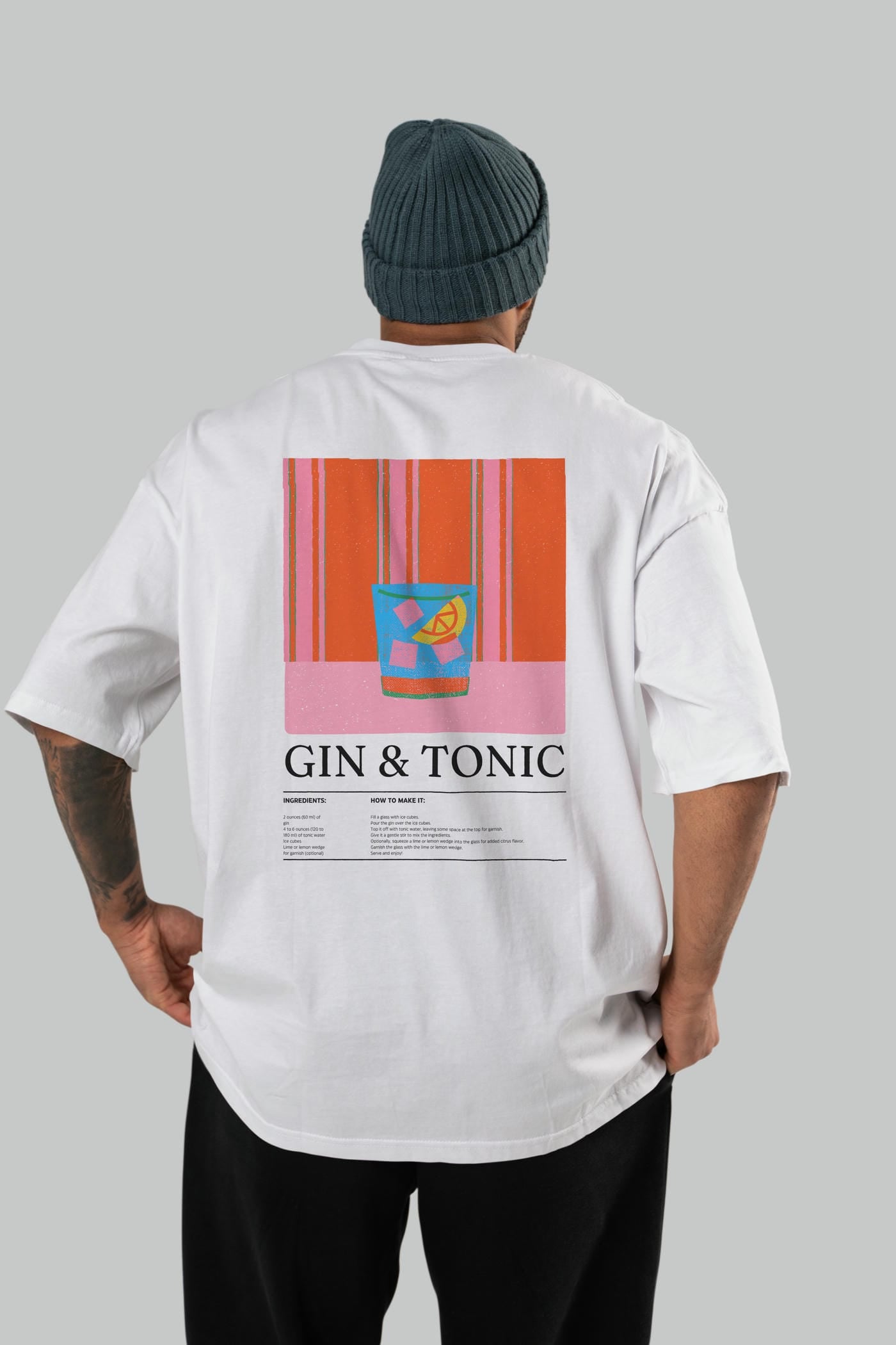 Gin Tonic Kokteyl Serisi Arka Baskılı Oversize t-shirt Erkek Kadın %100 Pamuk Bisiklet Yaka tişort