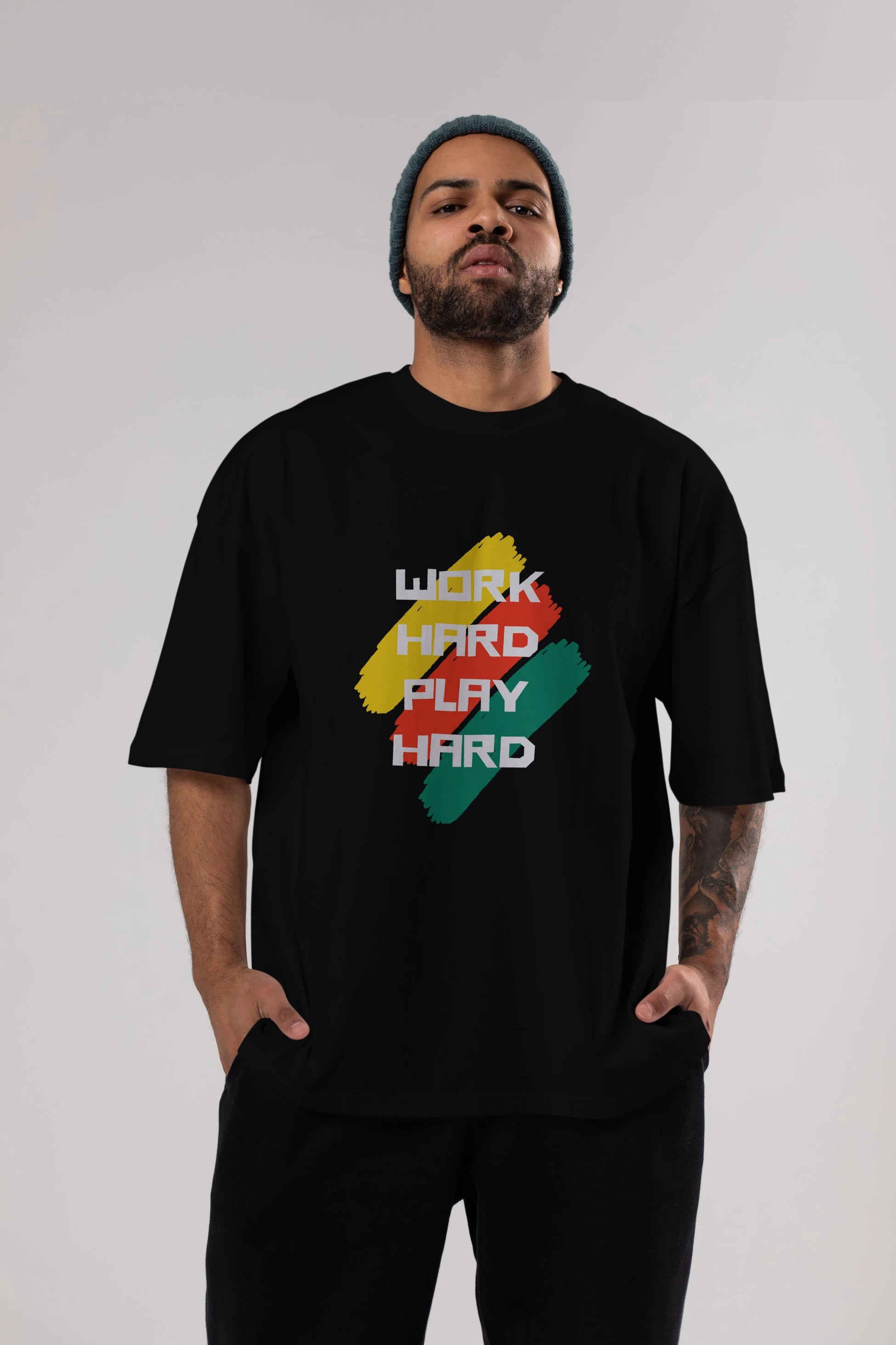 Work Hard Play Hard 2 Ön Baskılı Oversize t-shirt Erkek Kadın Unisex
