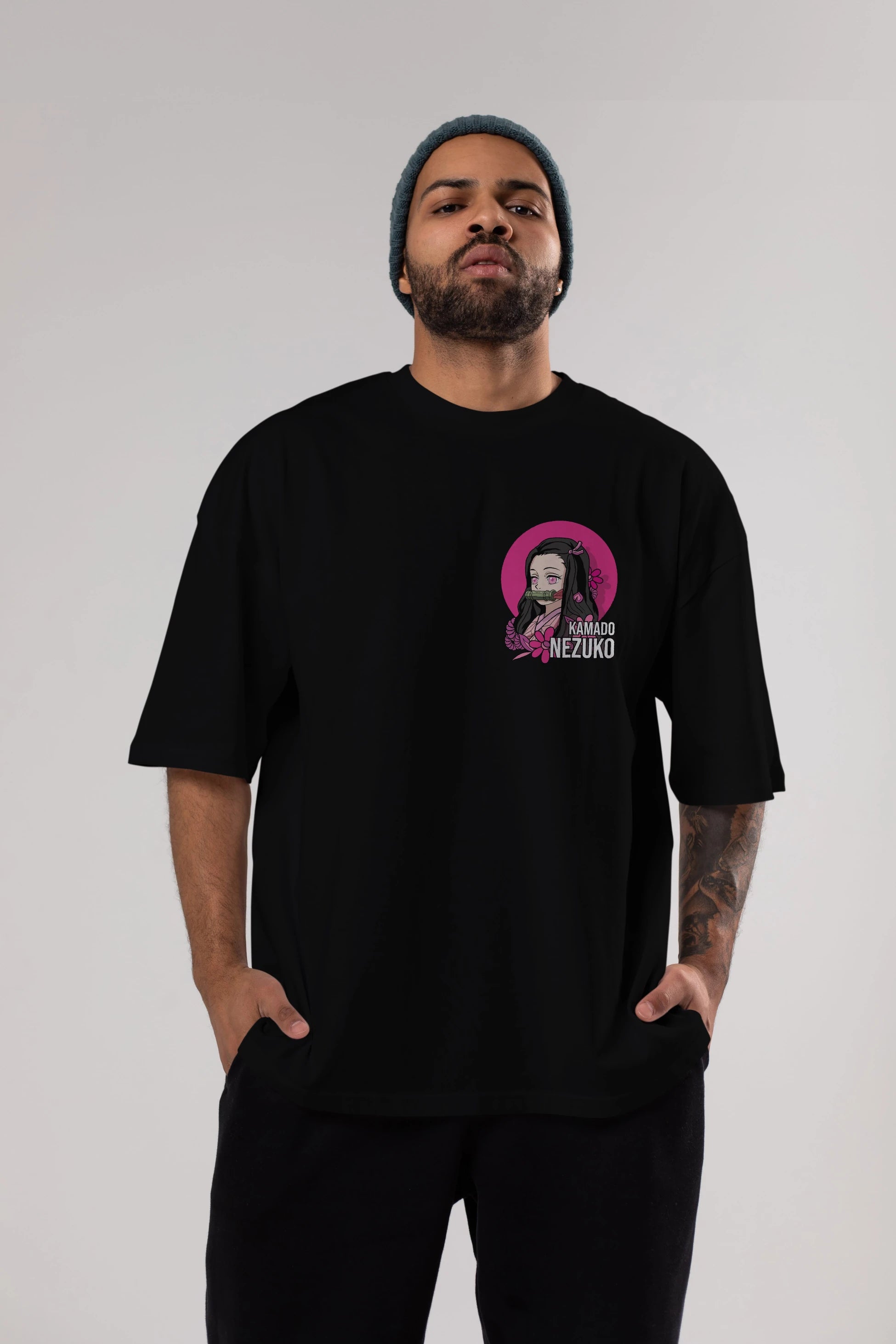 Nezuko Kamado 2 Ön Sol Baskılı Oversize t-shirt Erkek Kadın Unisex %100 Pamuk Bisiklet Yaka tişort