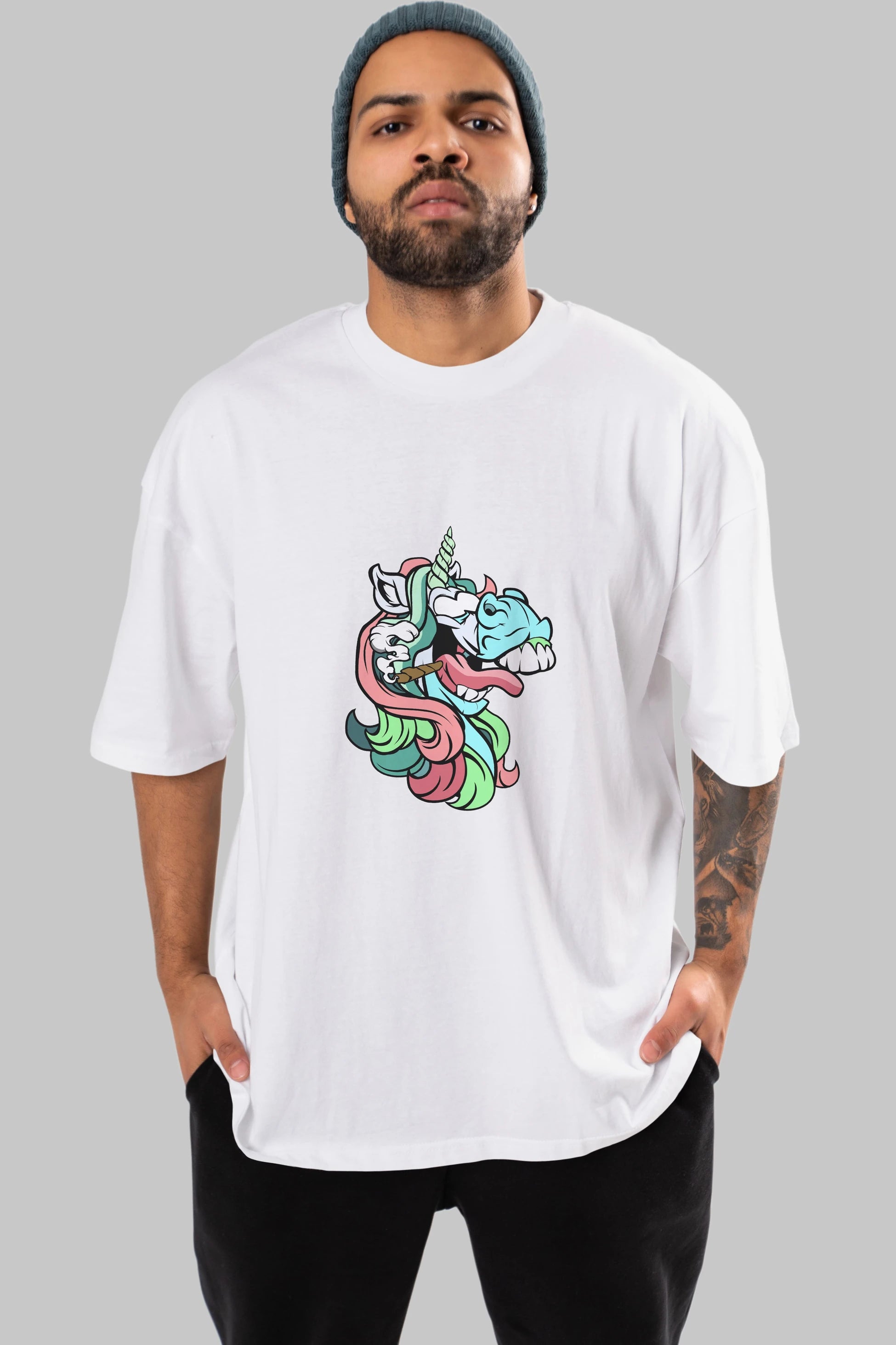Crazy Unicorn Ön Baskılı Oversize t-shirt Erkek Kadın Unisex %100 Pamuk tişort