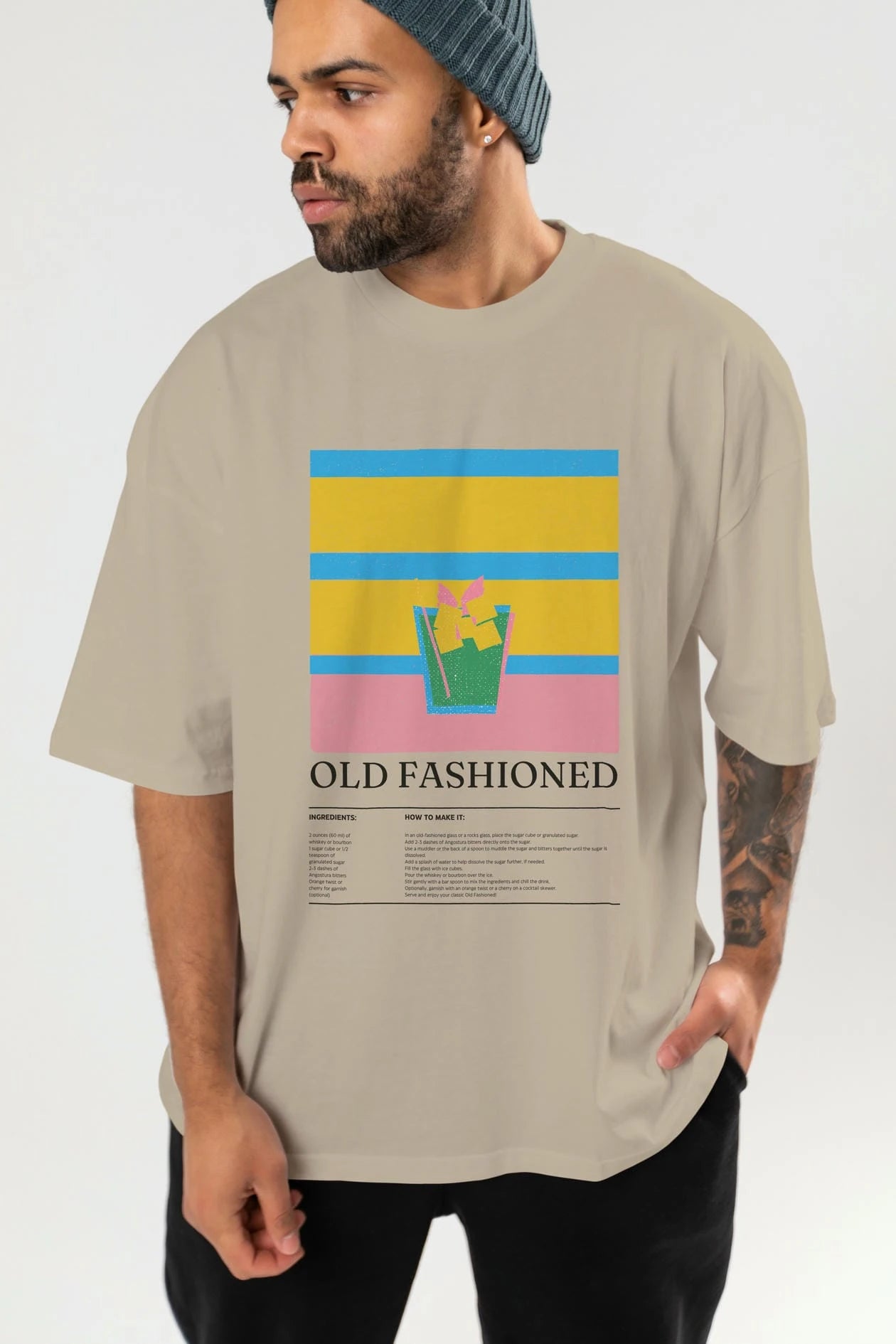 Old Fashioned Kokteyl Ön Baskılı Oversize t-shirt Erkek Kadın %100 Pamuk Bisiklet Yaka tişort