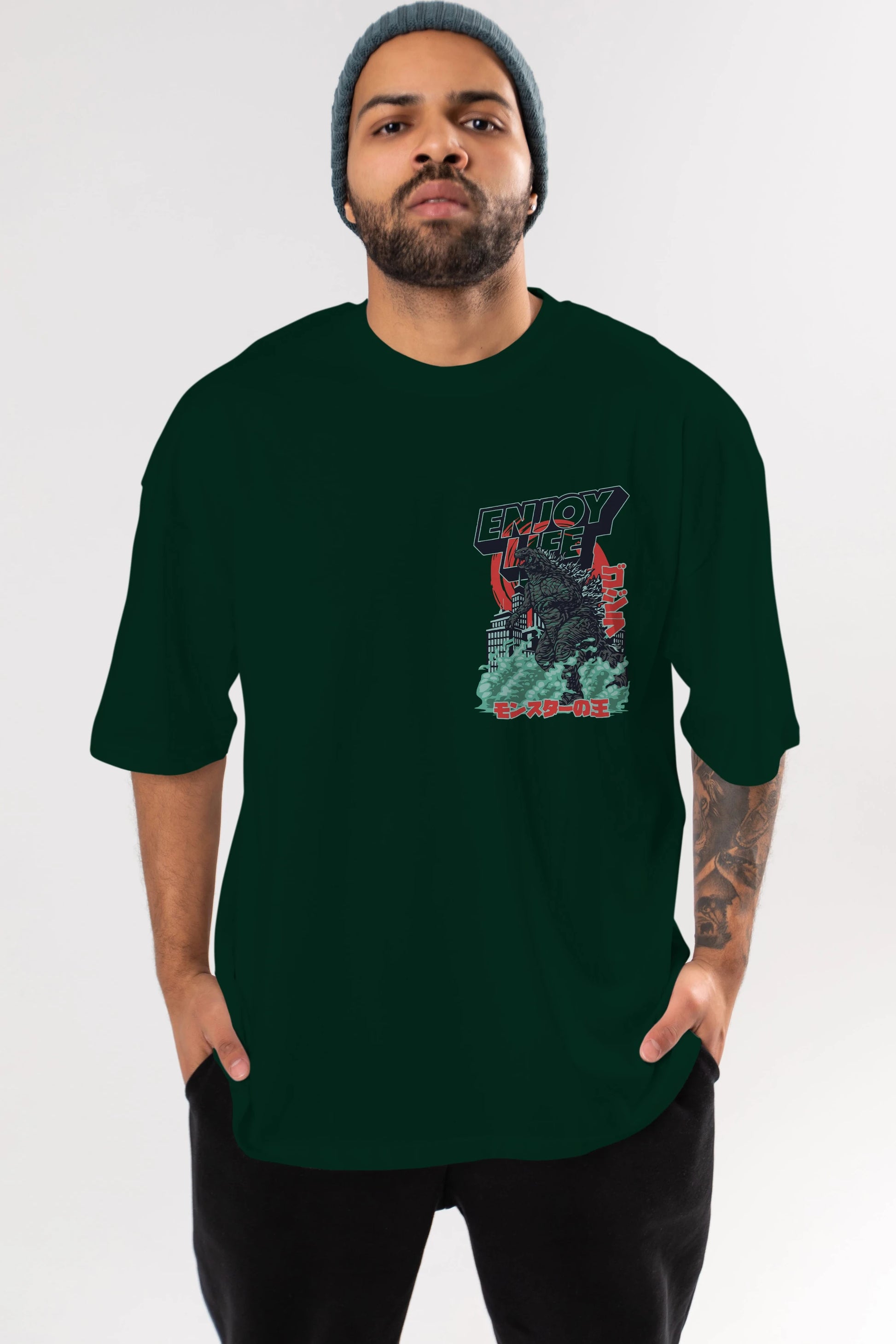 Godzilla Ön Sol Baskılı Oversize t-shirt Erkek Kadın Unisex %100 Pamuk Bisiklet Yaka tişort
