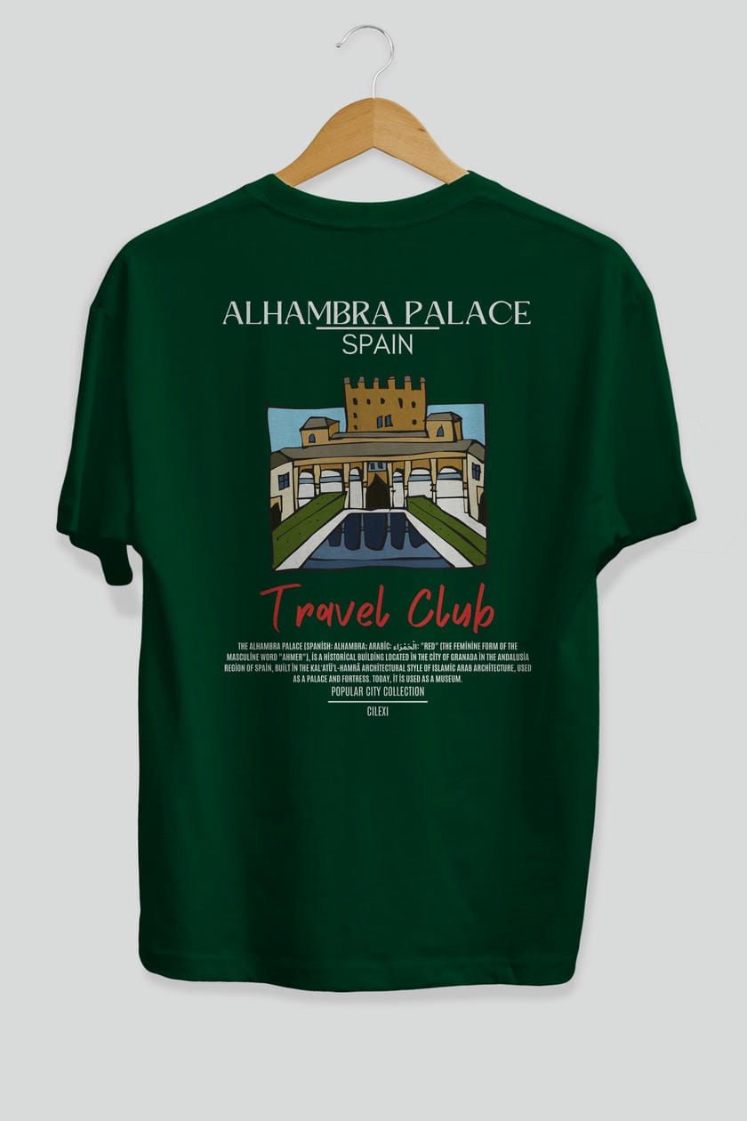 Alhambra Palace Spain Arka Baskılı Oversize t-shirt Erkek Kadın Pamuk Bisiklet Yaka tişort