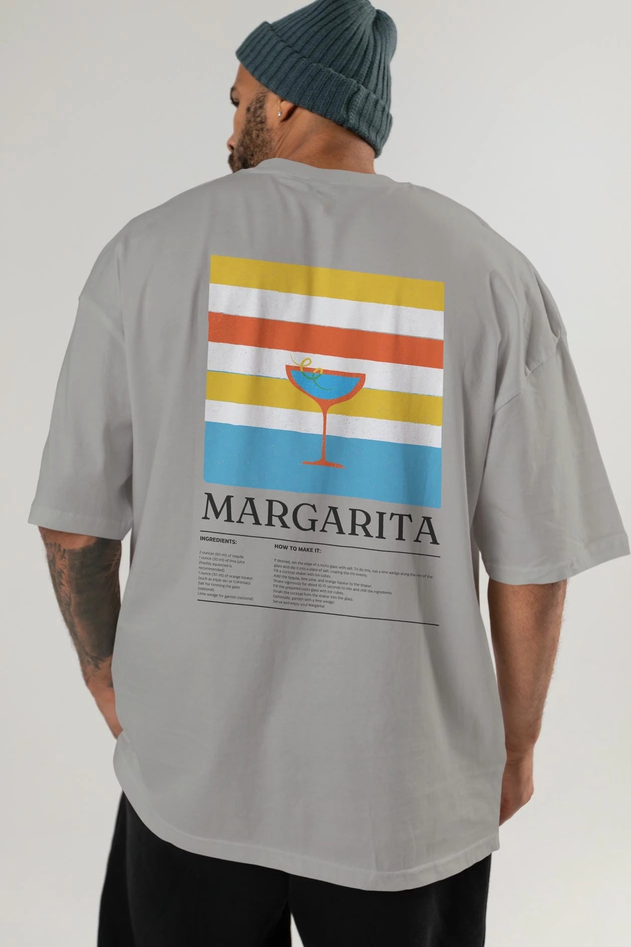 Margarita Kokteyl Serisi Arka Baskılı Oversize t-shirt Erkek Kadın %100 Pamuk Bisiklet Yaka tişort