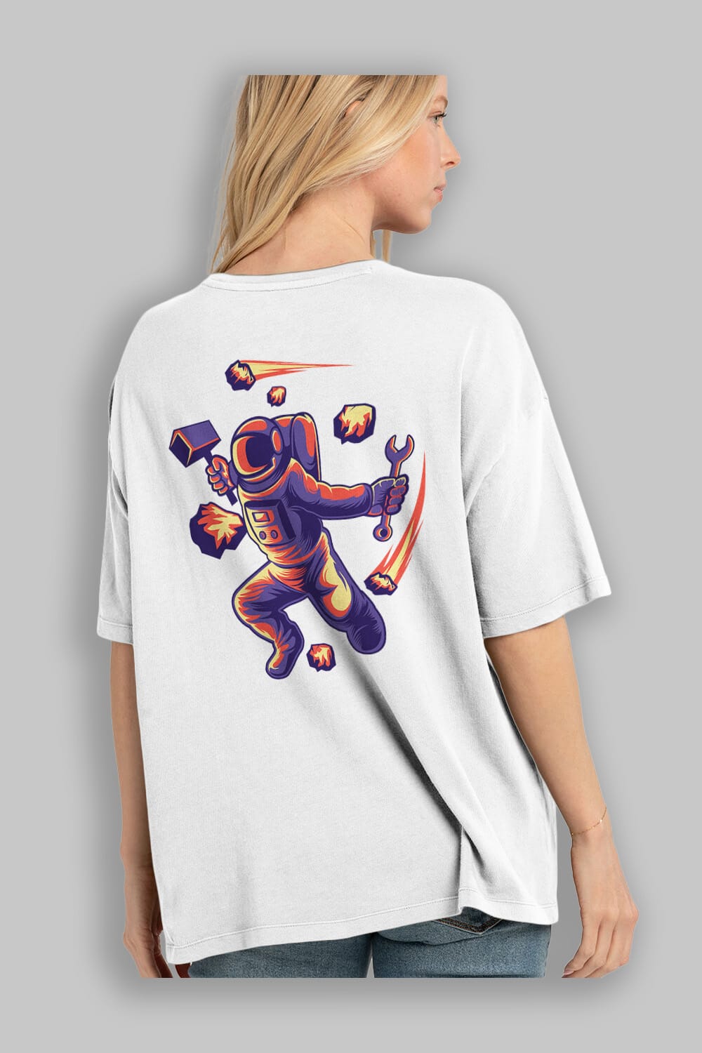 Astronaut Block Meteor Arka Baskılı Oversize t-shirt Erkek Kadın Unisex