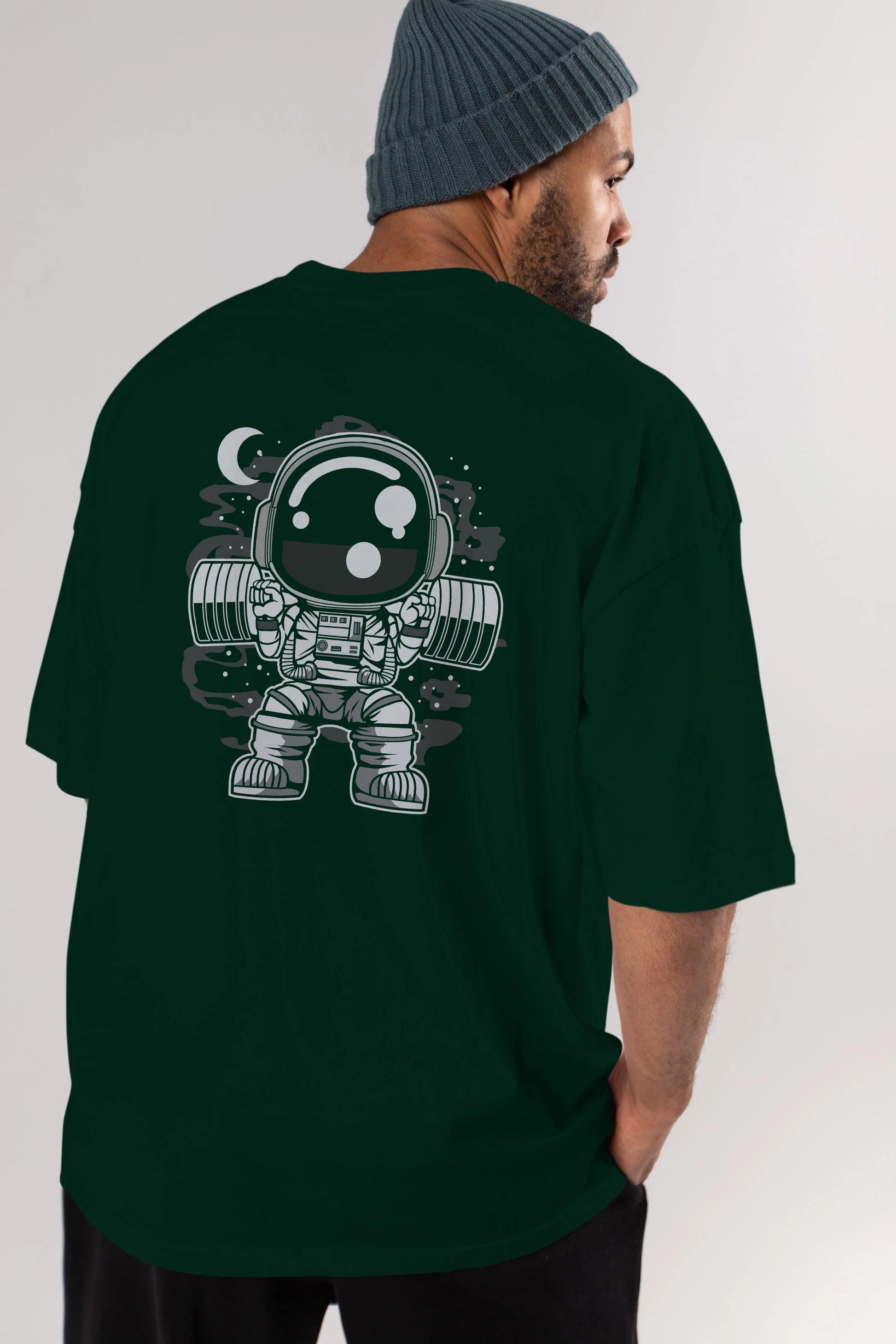 Astronaut Barbell Body Builder Arka Baskılı Oversize t-shirt Erkek Kadın Unisex