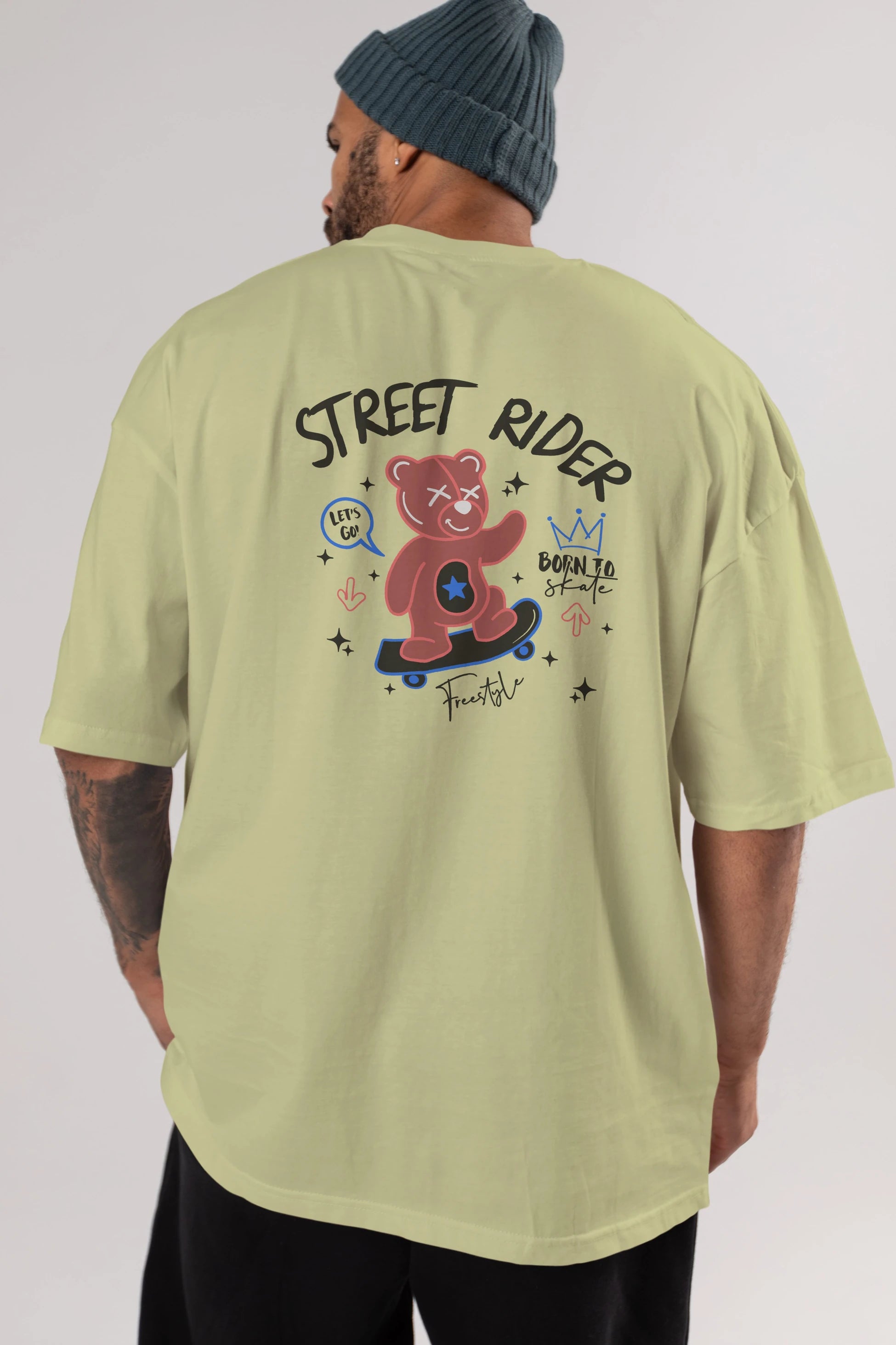 Street Rider Bear Arka Baskılı Oversize t-shirt Erkek Kadın Unisex