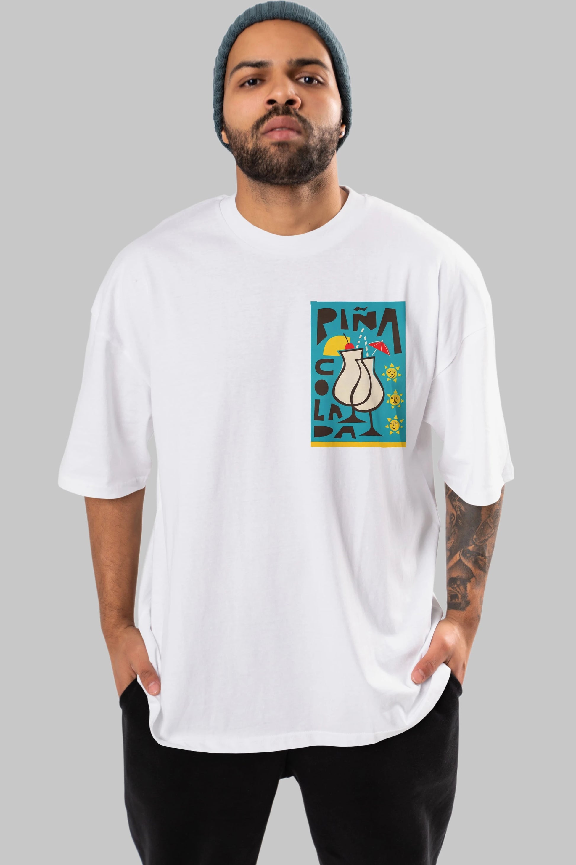 Pina Colada 4 Ön Sol Baskılı Oversize t-shirt Erkek Kadın Unisex %100 Pamuk Bisiklet Yaka tişort