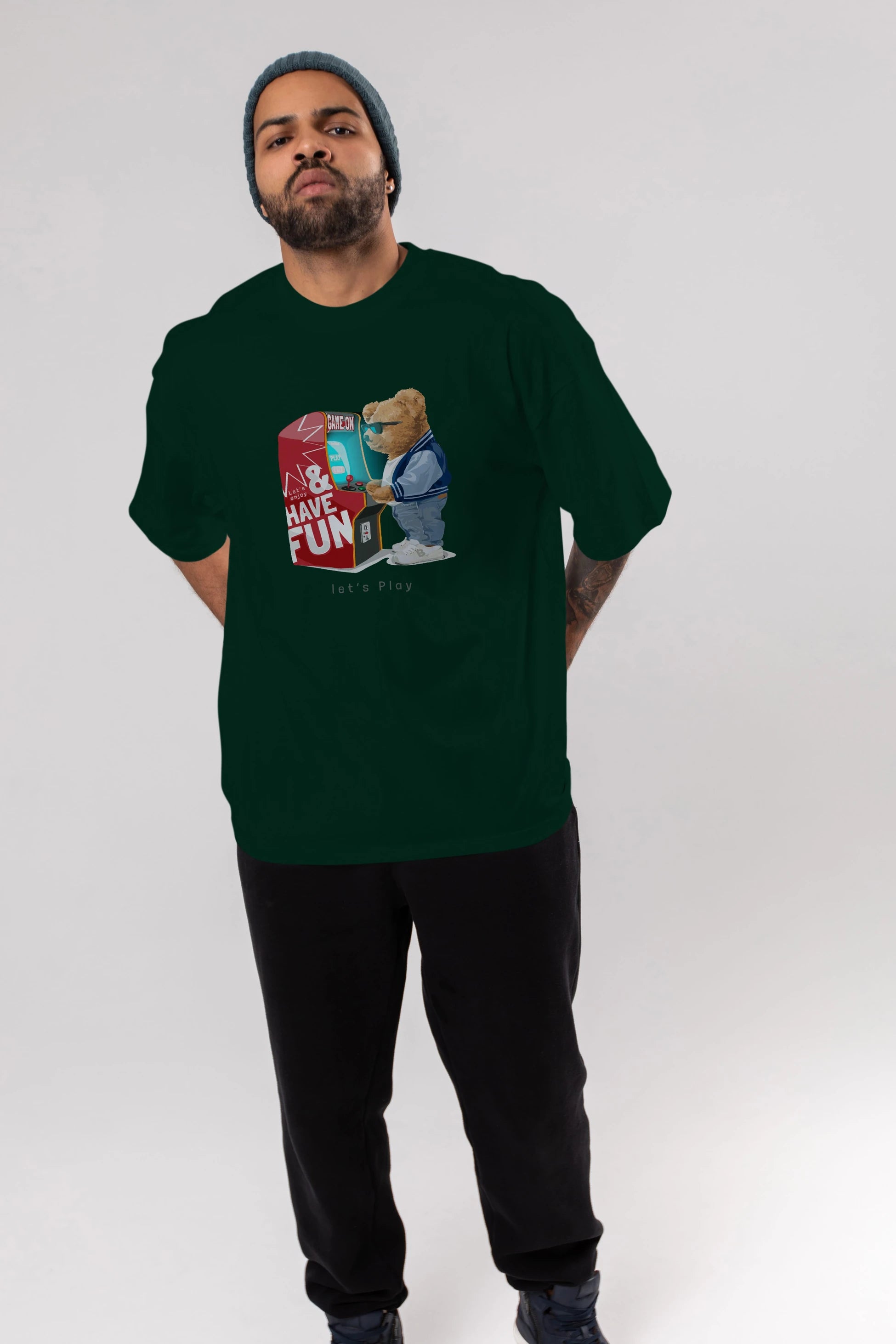 Teddy Bear Lets Play Ön Baskılı Oversize t-shirt Erkek Kadın Unisex %100 Pamuk