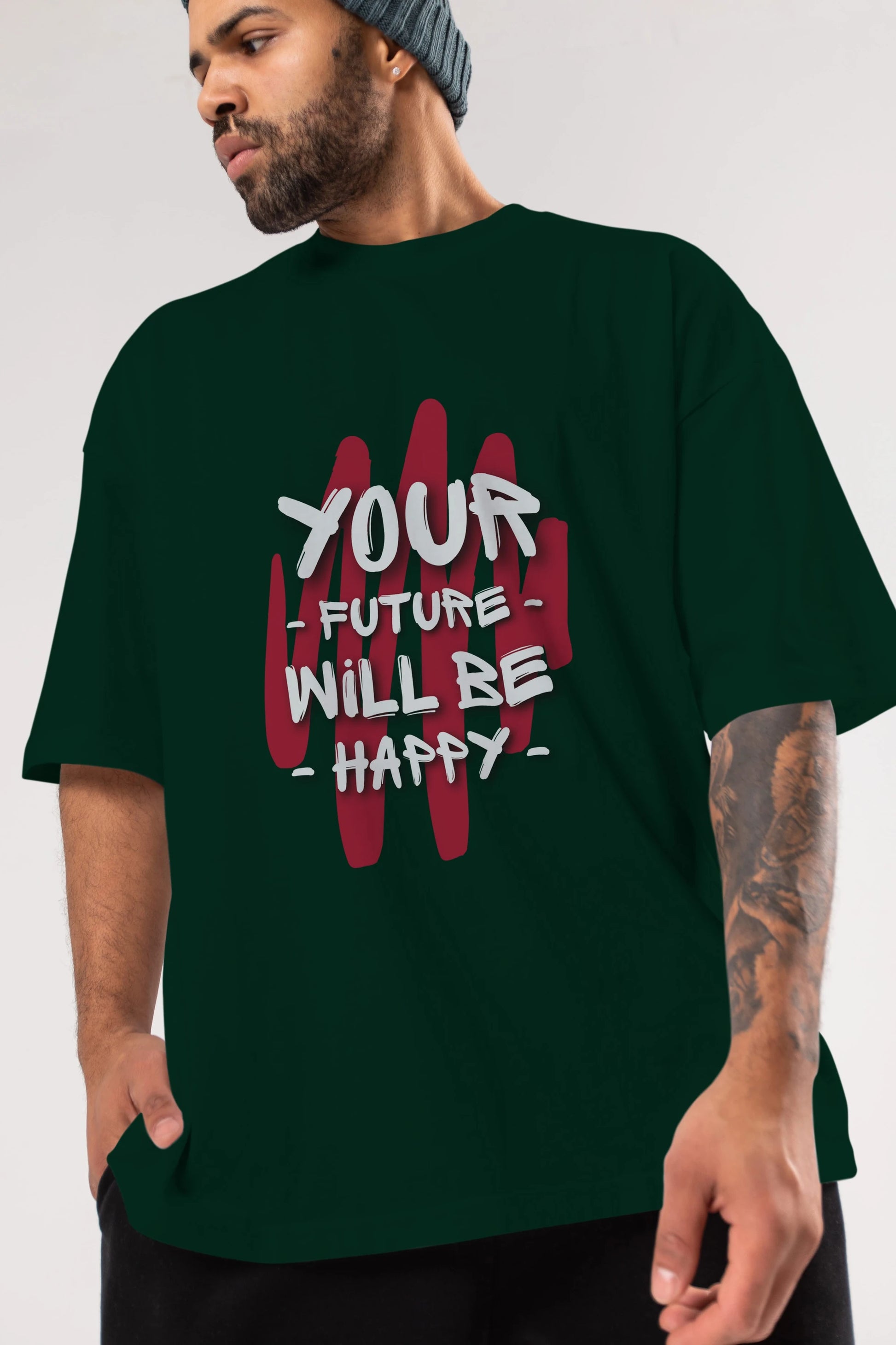 Your Future Will be Happy Yazılı Ön Baskılı Oversize t-shirt Erkek Kadın Unisex