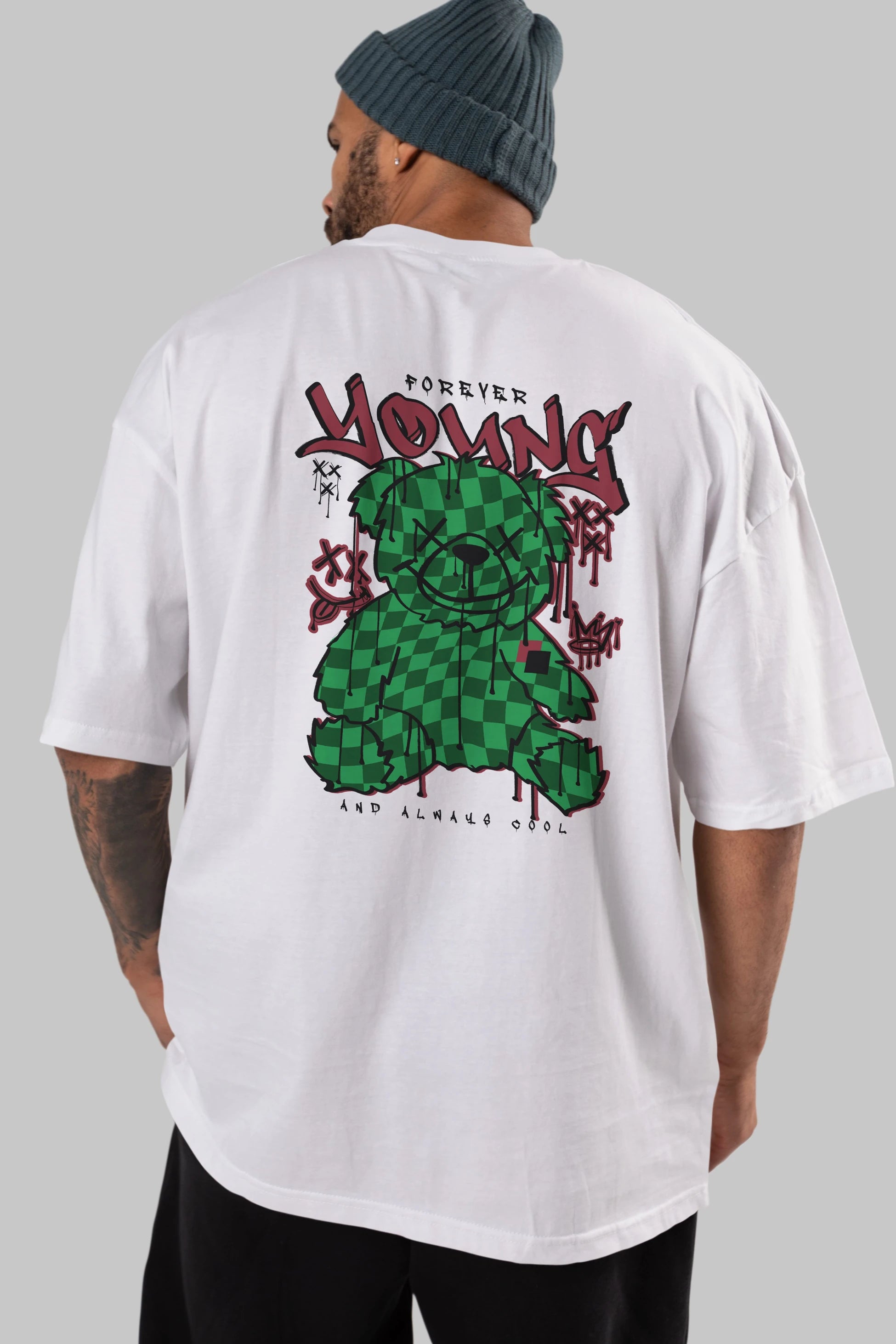 Young and Always Cool Bear Arka Baskılı Oversize t-shirt Erkek Kadın Unisex