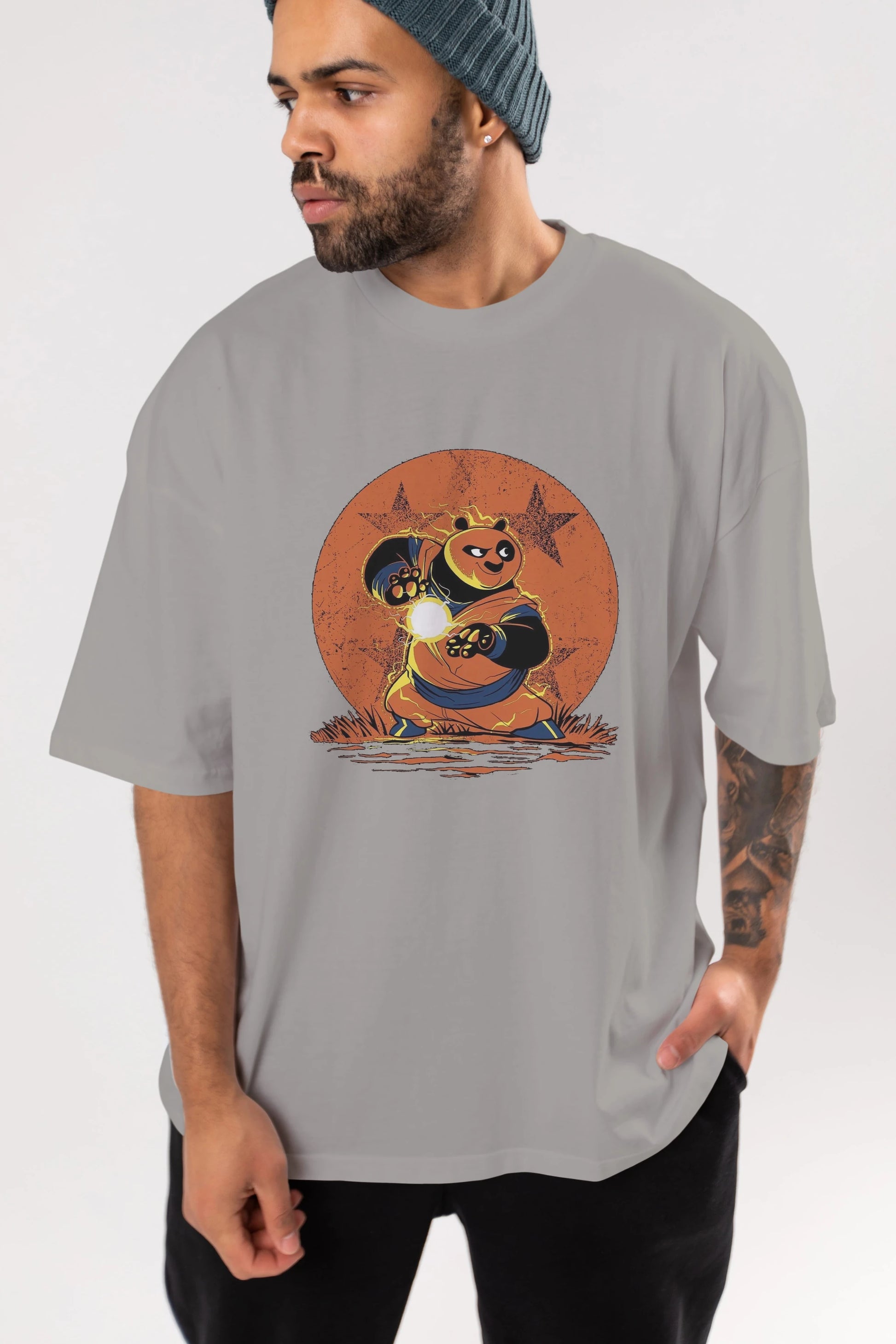 Kung Fu Panda Ön Baskılı Oversize t-shirt Erkek Kadın Unisex %100 Pamuk Bisiklet Yaka tişort