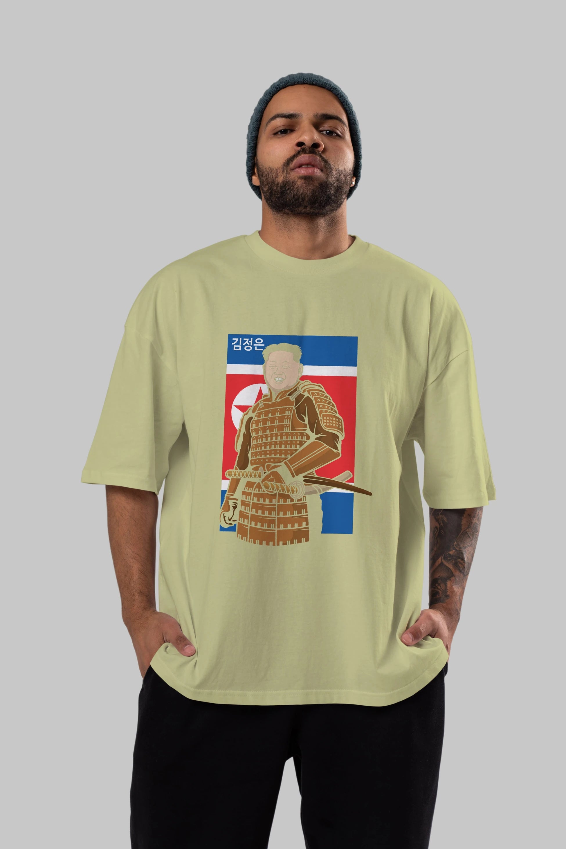 Samurai Jong Un Ön Baskılı Oversize t-shirt Erkek Kadın Unisex %100 Pamuk tişort