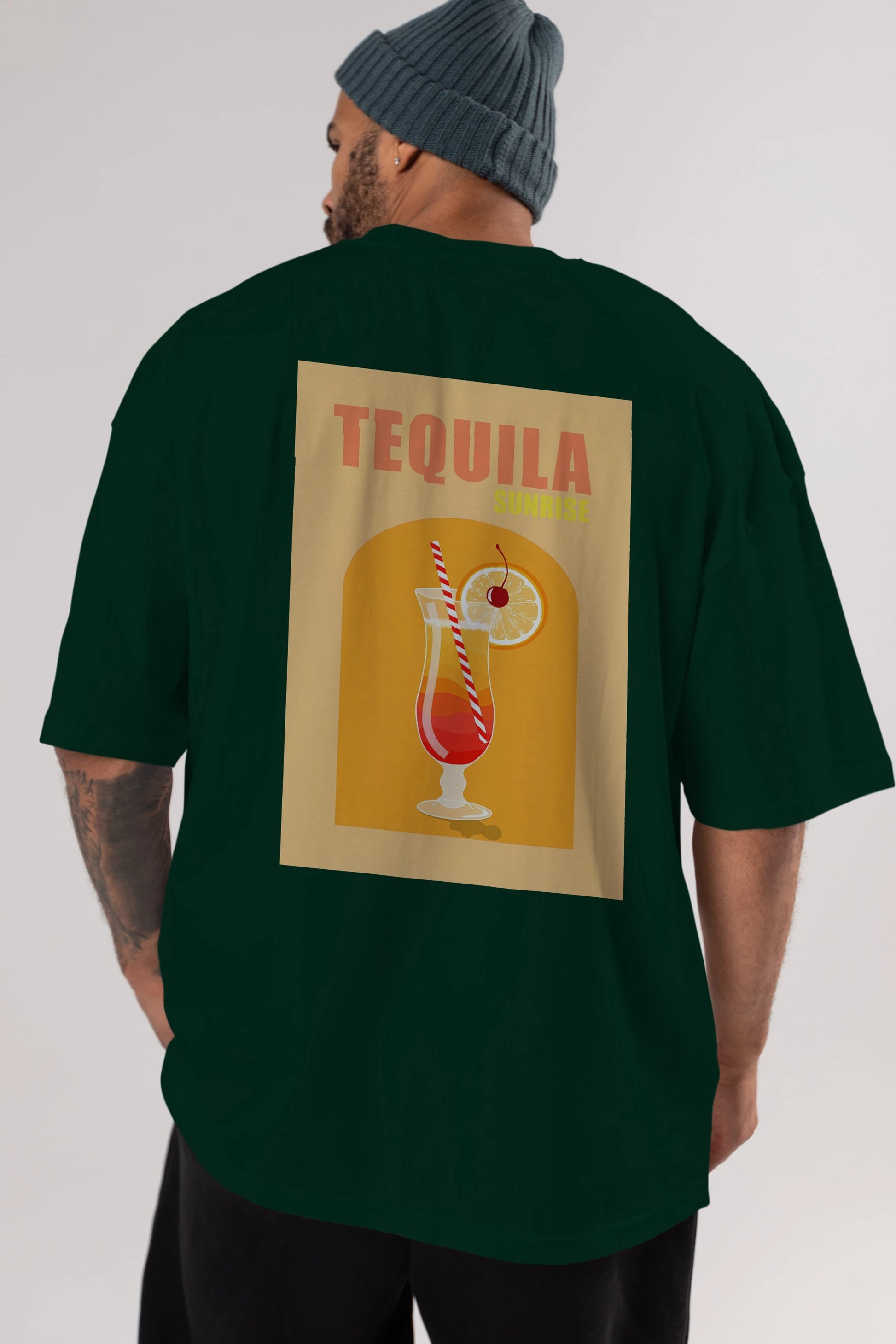 Tequila Sunrise Arka Baskılı Oversize t-shirt Erkek Kadın Unisex %100 Pamuk Bisiklet Yaka tişort