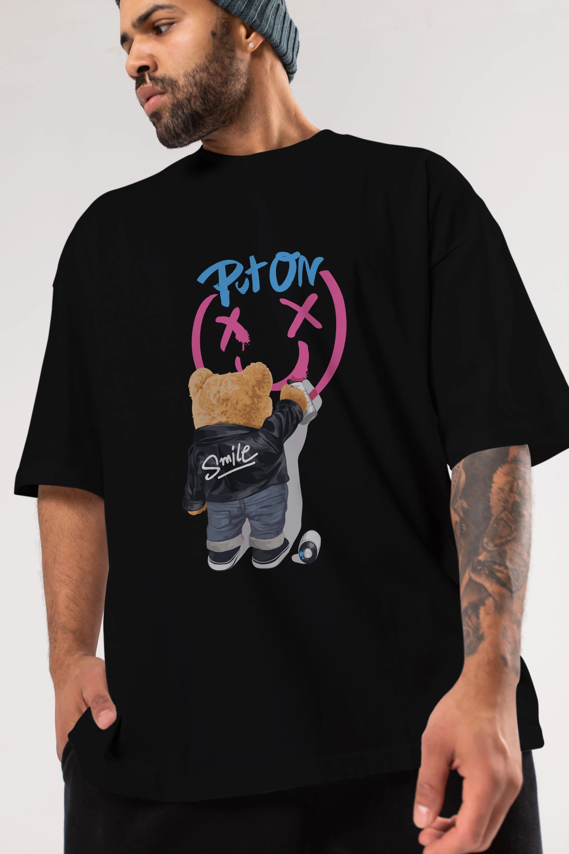 Put on Smile Bear Ön Baskılı Oversize t-shirt Erkek Kadın Unisex