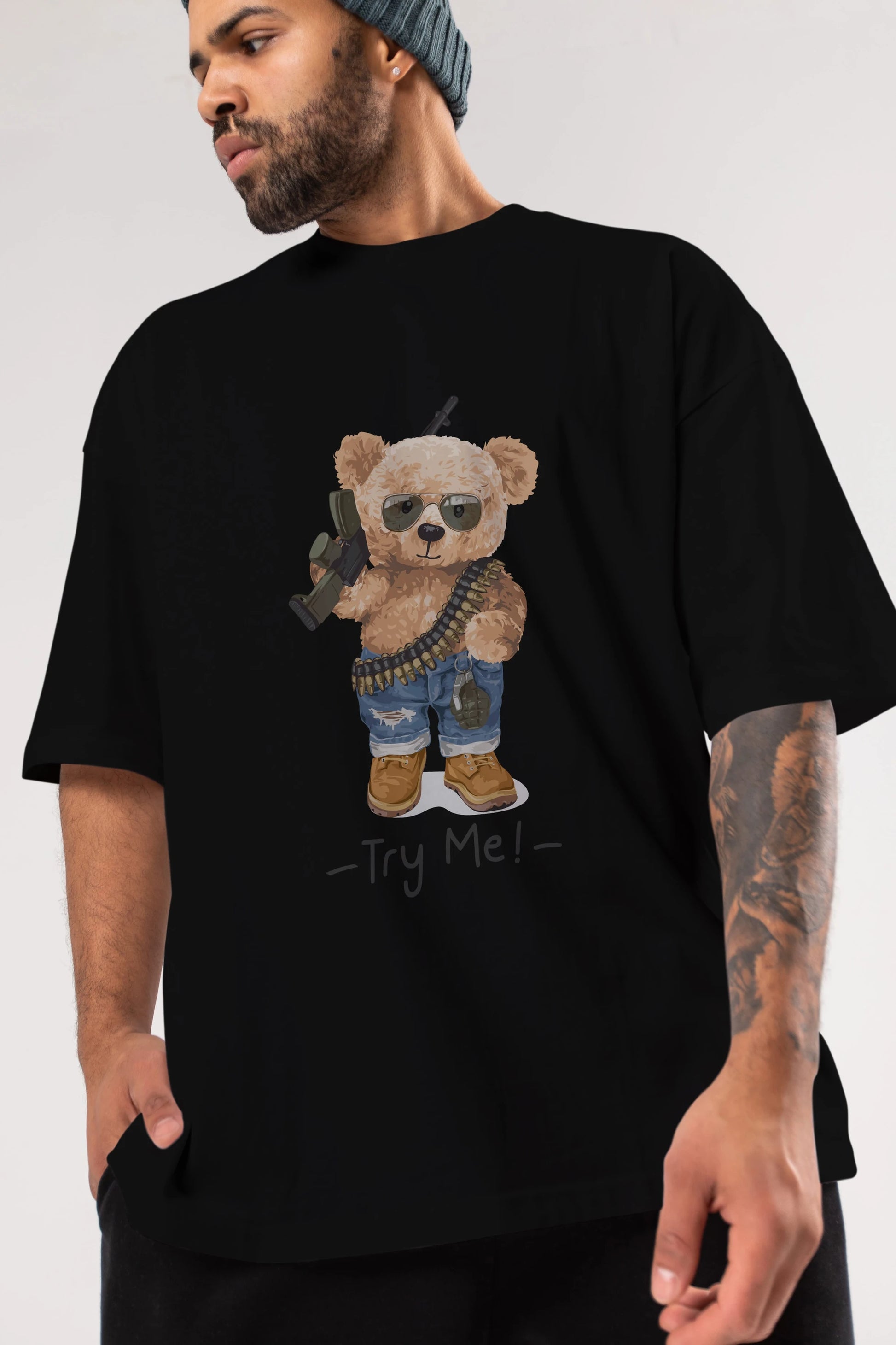 Teddy Bear Try Me Ön Baskılı Oversize t-shirt Erkek Kadın Unisex %100 Pamuk