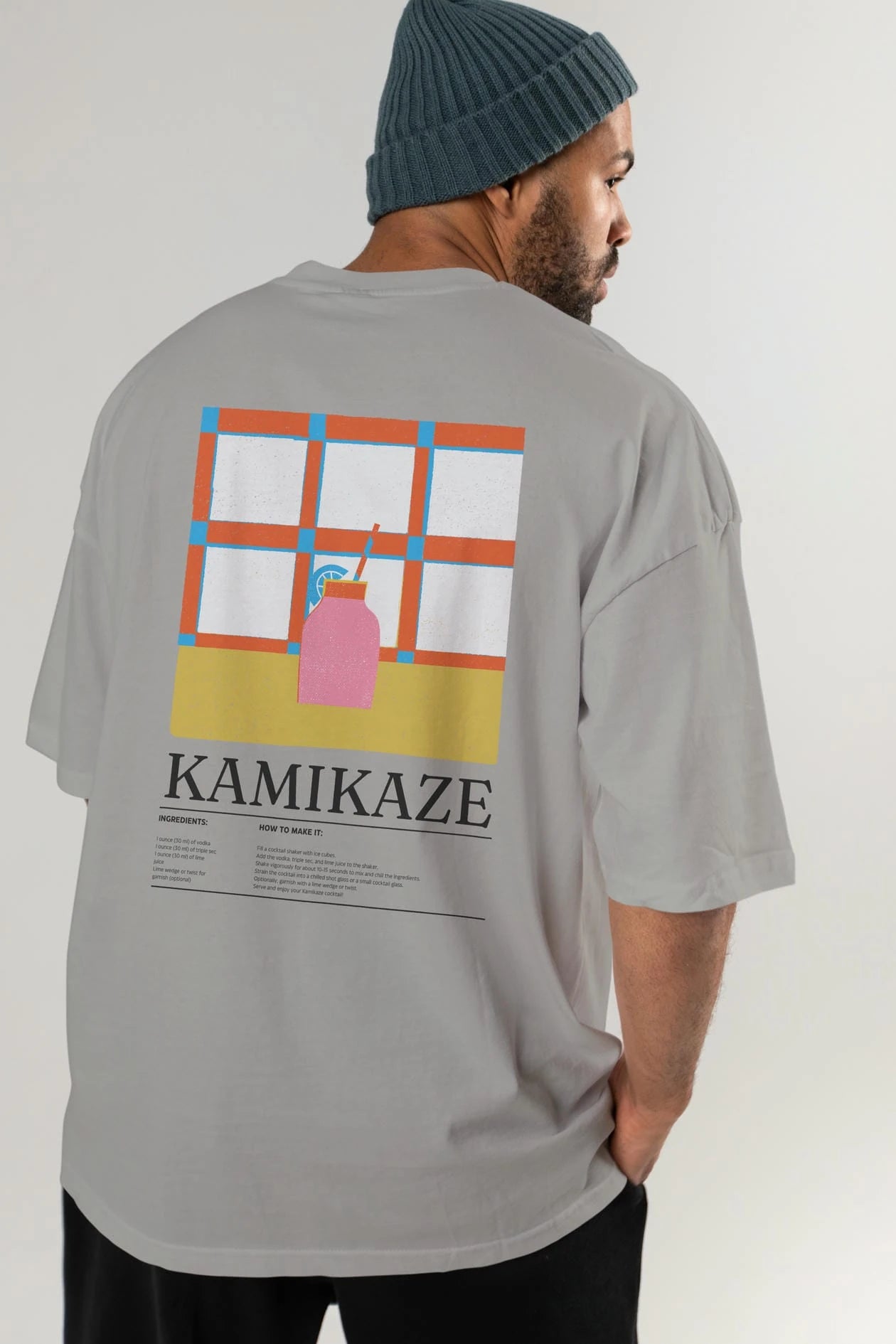 Kamikaze Kokteyl Serisi Arka Baskılı Oversize t-shirt Erkek Kadın %100 Pamuk Bisiklet Yaka tişort