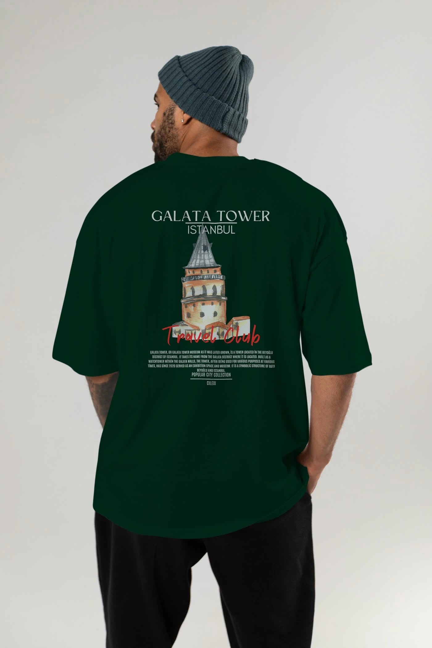 Galata Tower İstanbul Arka Baskılı Oversize t-shirt Erkek Kadın Pamuk Bisiklet Yaka tişort