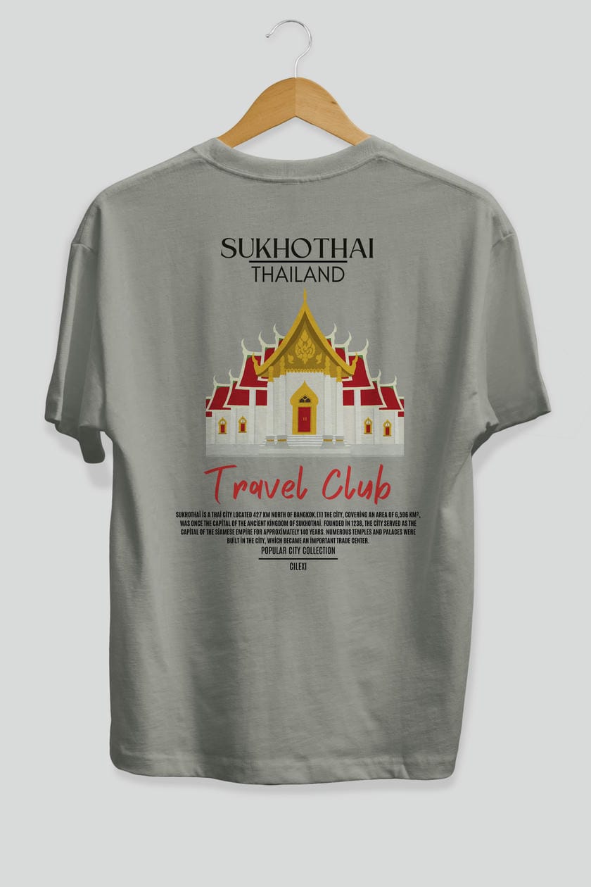 Sukhothai Thailand Arka Baskılı Oversize t-shirt Erkek Kadın Pamuk Bisiklet Yaka tişort