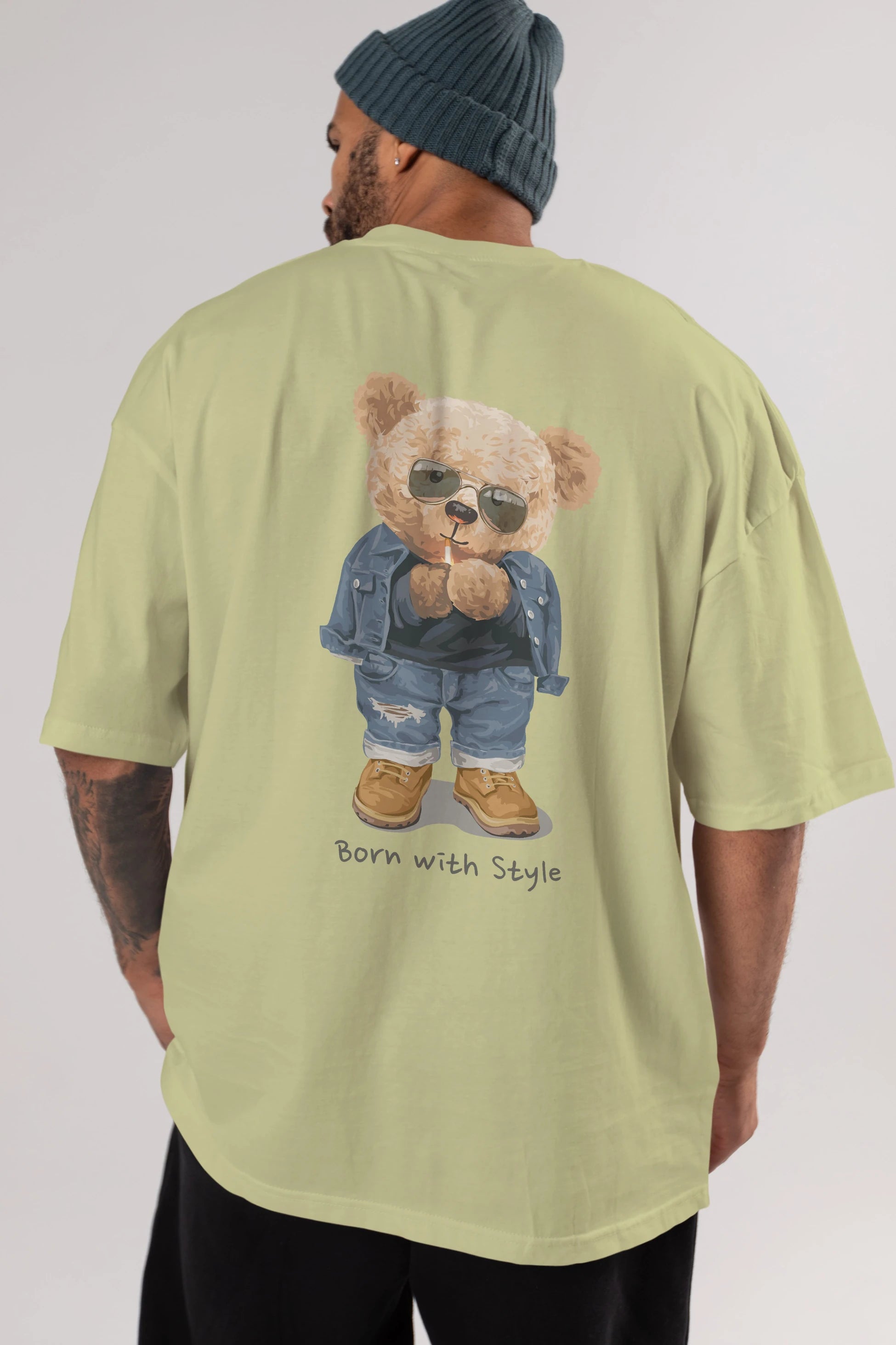 Teddy Bear Born With Style Arka Baskılı Oversize t-shirt Erkek Kadın Unisex %100 Pamuk