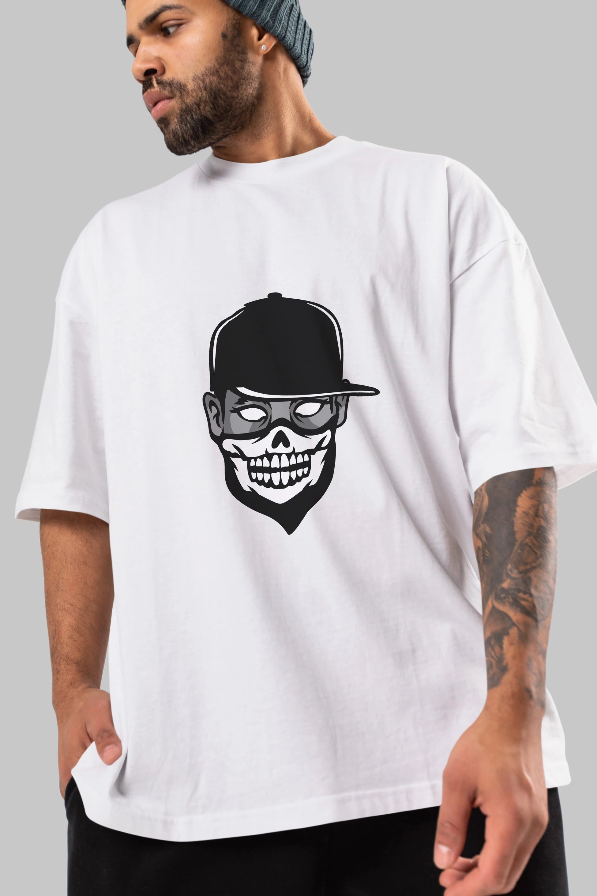 Skull Mask Ön Baskılı Oversize t-shirt Erkek Kadın Unisex %100 Pamuk tişort
