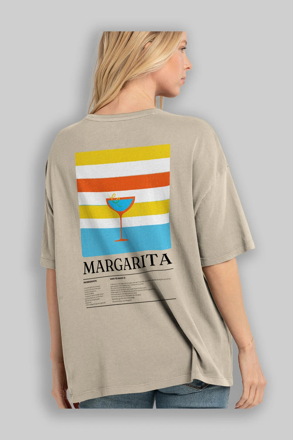 Margarita Kokteyl Serisi Arka Baskılı Oversize t-shirt Erkek Kadın %100 Pamuk Bisiklet Yaka tişort