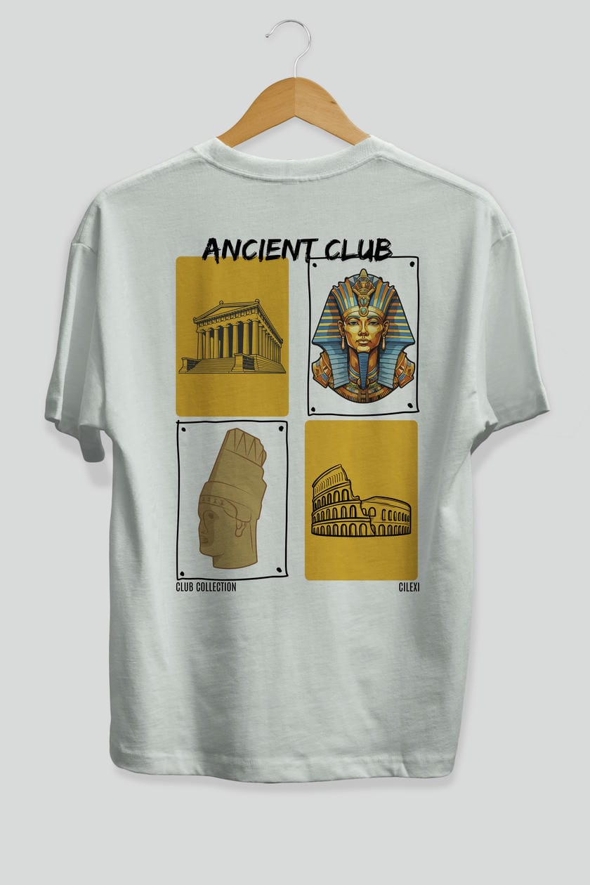 Ancient Club Arka Baskılı Oversize t-shirt Erkek Kadın %100 Pamuk Bisiklet Yaka tişort