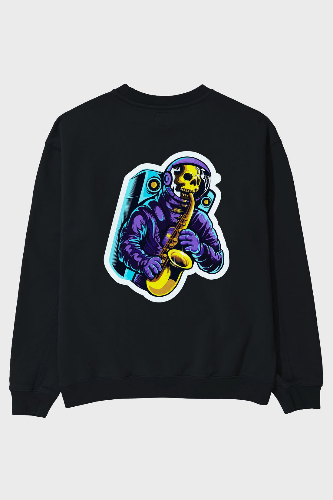 Astroskull Saxophonist Sticker Arka Baskılı Oversize Sweatshirt Erkek Kadın Unisex