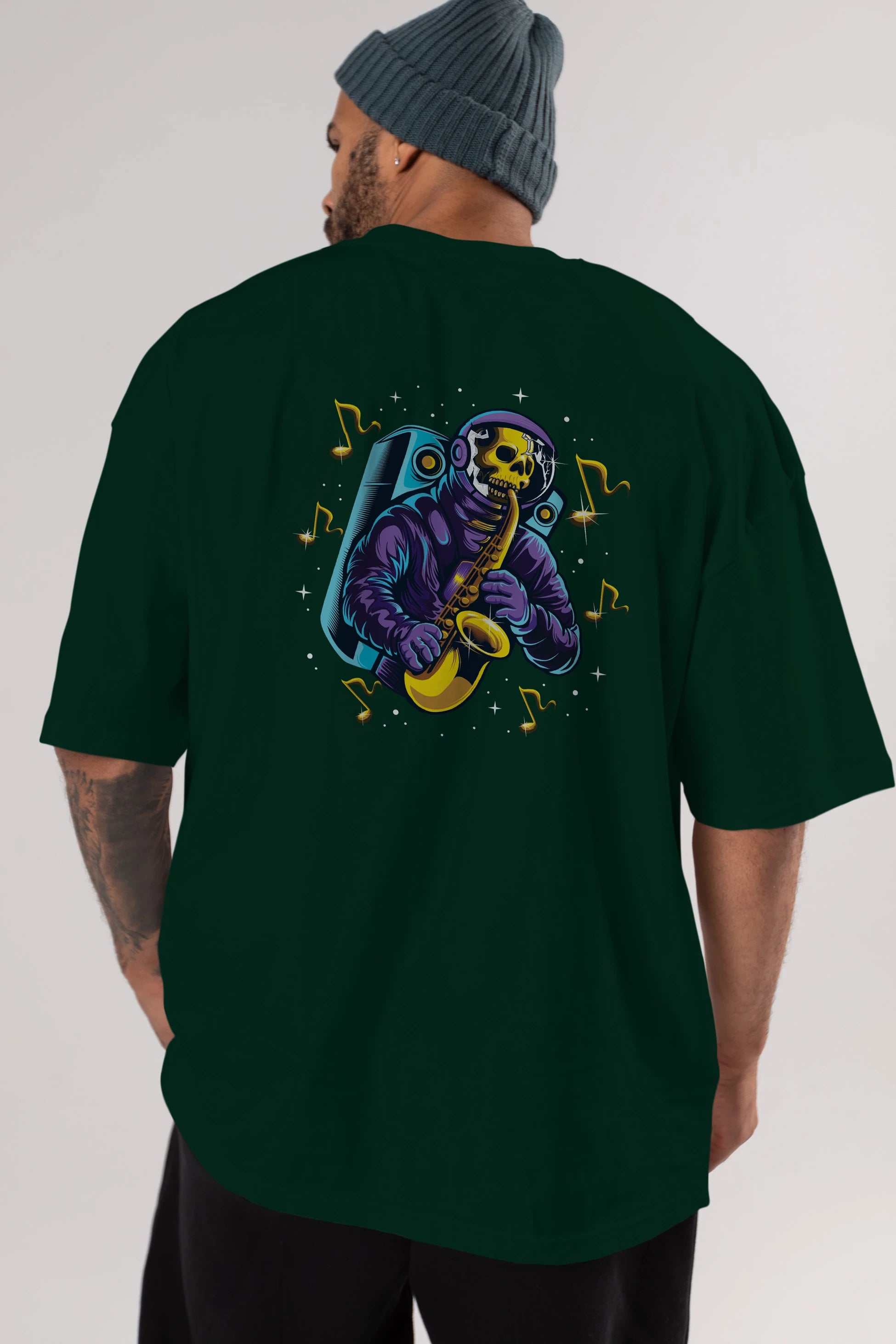Astroskull Saxophonist Arka Baskılı Oversize t-shirt Erkek Kadın Unisex