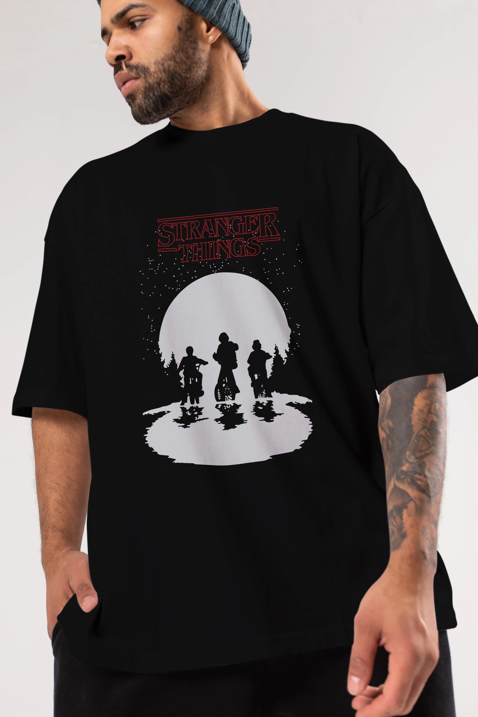 Stranger Things Ön Baskılı Oversize t-shirt Erkek Kadın Unisex %100 Pamuk Bisiklet Yaka tişort
