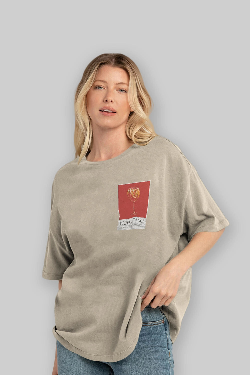 Veneziano Ön Sol Baskılı Oversize t-shirt Erkek Kadın Unisex %100 Pamuk Bisiklet Yaka tişort