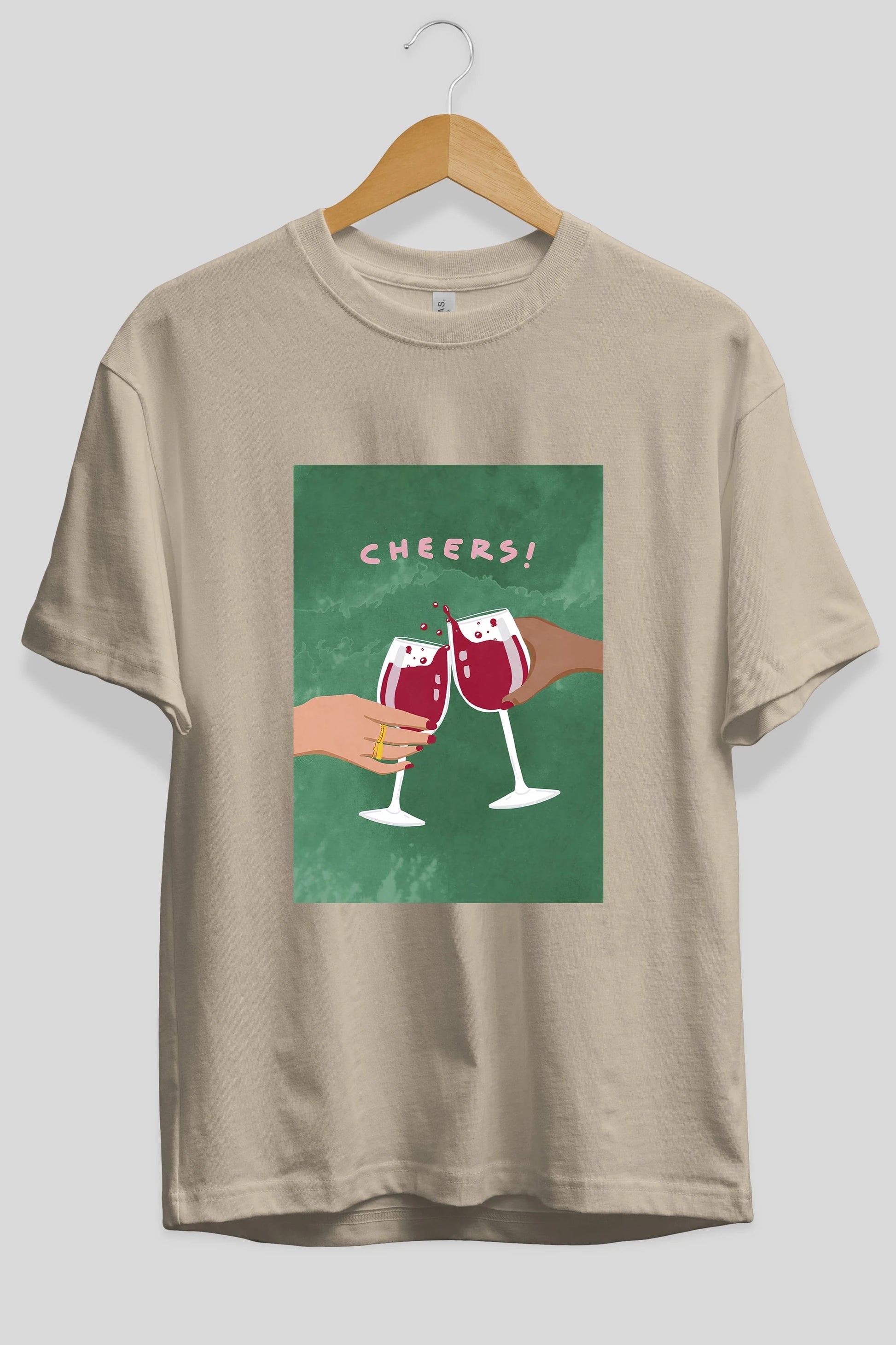 Cheers Ön Baskılı Oversize t-shirt Erkek Kadın Unisex %100 Pamuk Bisiklet Yaka tişort