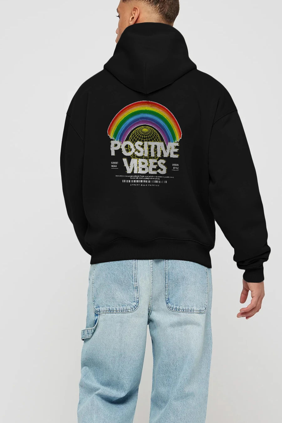 Positive Vibes Arka Baskılı Hoodie Oversize Kapüşonlu Sweatshirt Erkek Kadın Unisex
