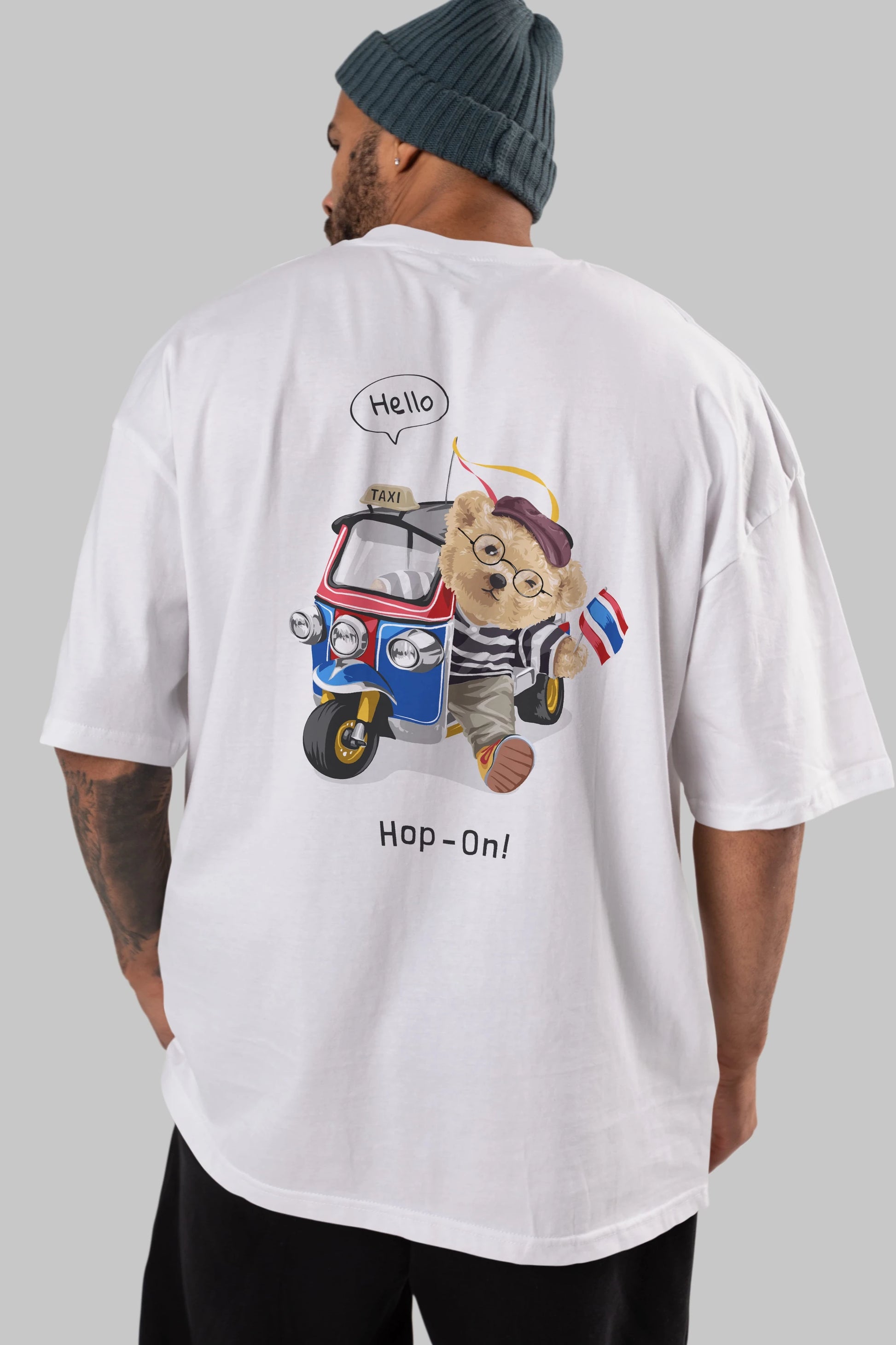 Teddy Bear Hop-On Arka Baskılı Oversize t-shirt Erkek Kadın Unisex %100 Pamuk