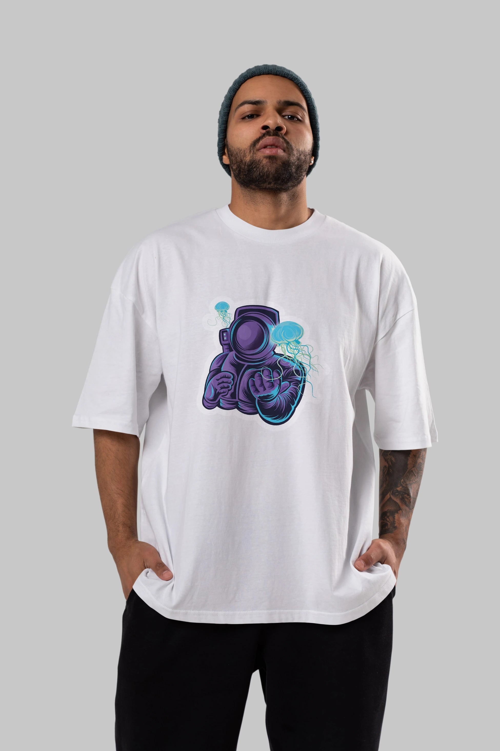 Astronaut and Jellyfish Sticker Ön Baskılı Oversize t-shirt Erkek Kadın Unisex
