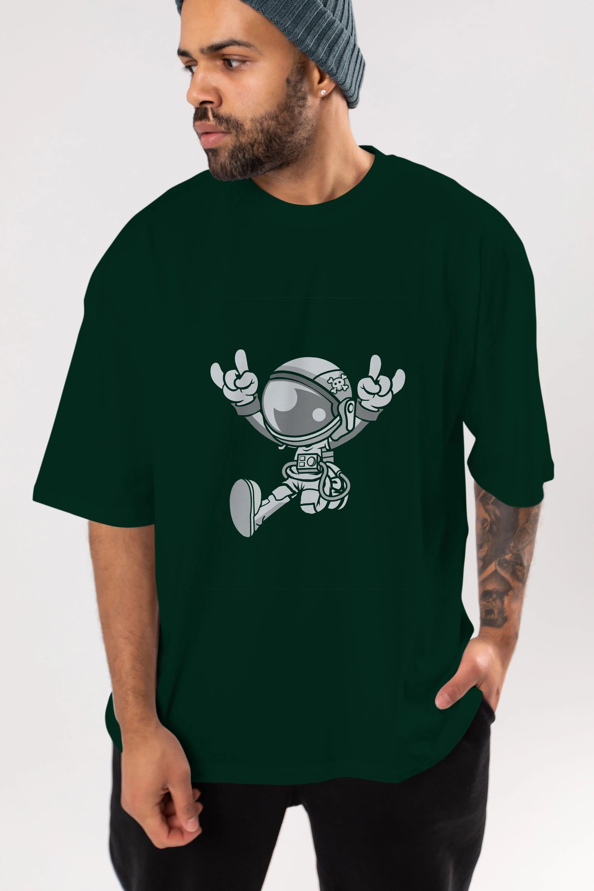 Astronaut Metal Ön Baskılı Oversize t-shirt Erkek Kadın Unisex %100 Pamuk tişort