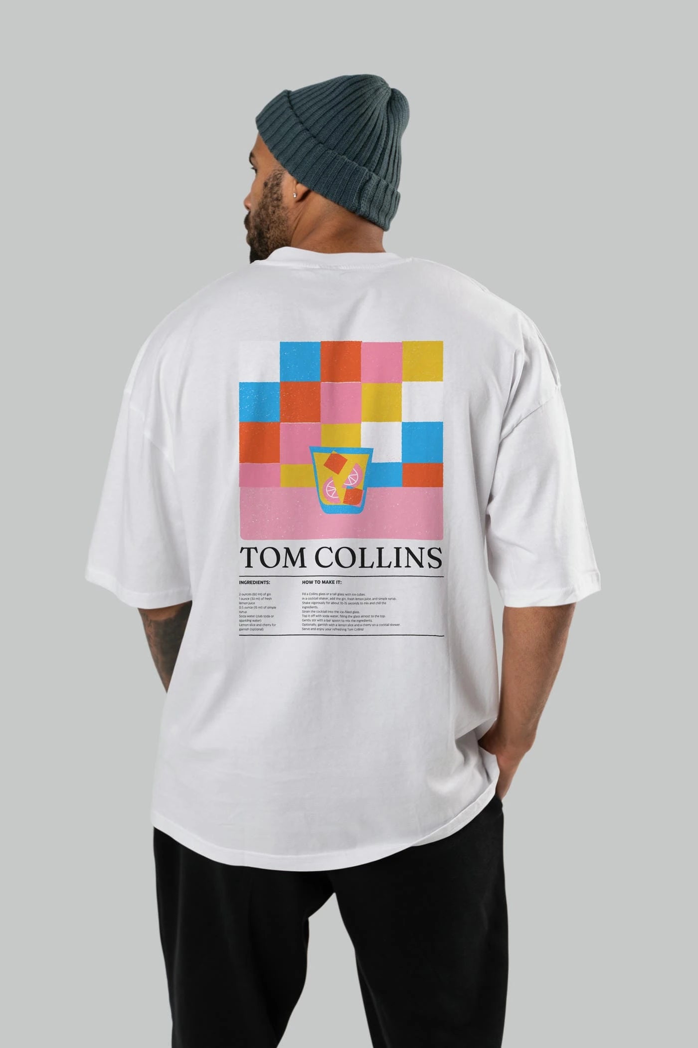 Tom Collins Kokteyl Serisi Arka Baskılı Oversize t-shirt Erkek Kadın %100 Pamuk Bisiklet Yaka tişort