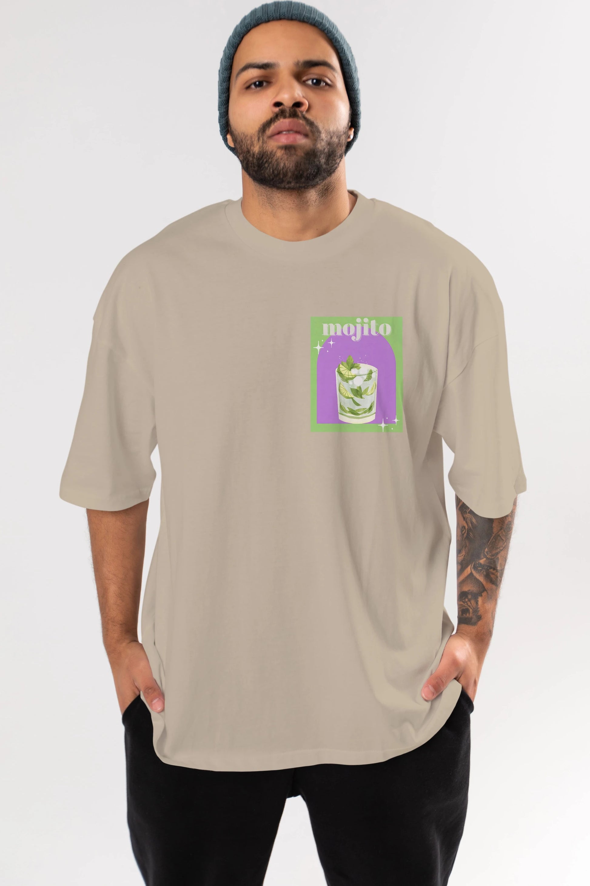 Mojito 3 Ön Sol Baskılı Oversize t-shirt Erkek Kadın Unisex %100 Pamuk Bisiklet Yaka tişort