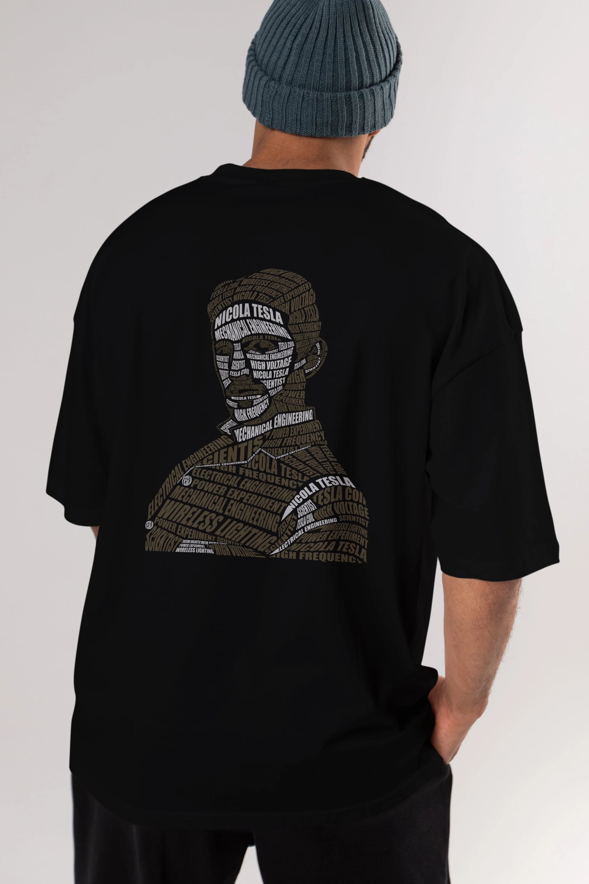 Nikola Tesla Calligram Arka Baskılı Oversize t-shirt %100 pamuk Erkek Kadın Unisex