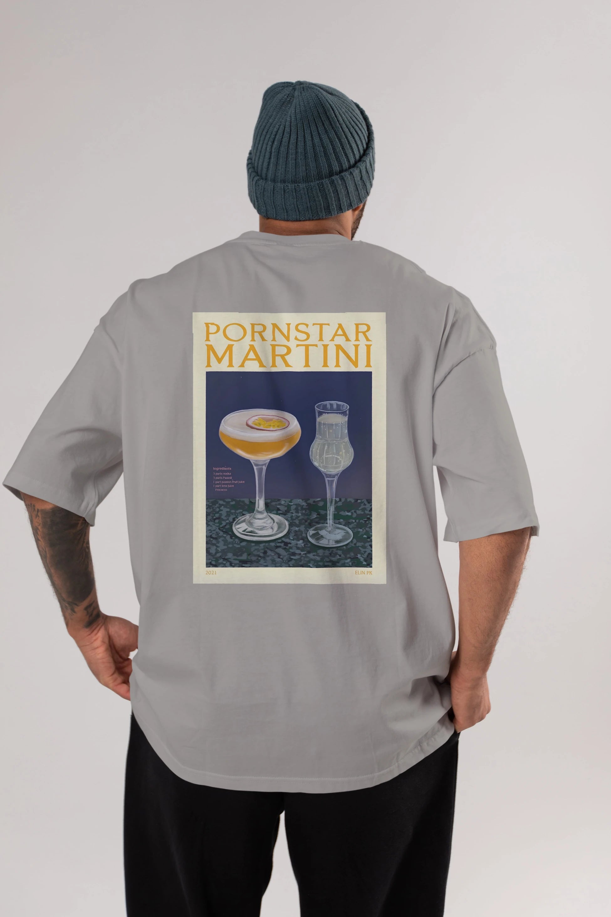 P.rnstar Martini Arka Baskılı Oversize t-shirt Erkek Kadın Unisex %100 Pamuk Bisiklet Yaka tişort