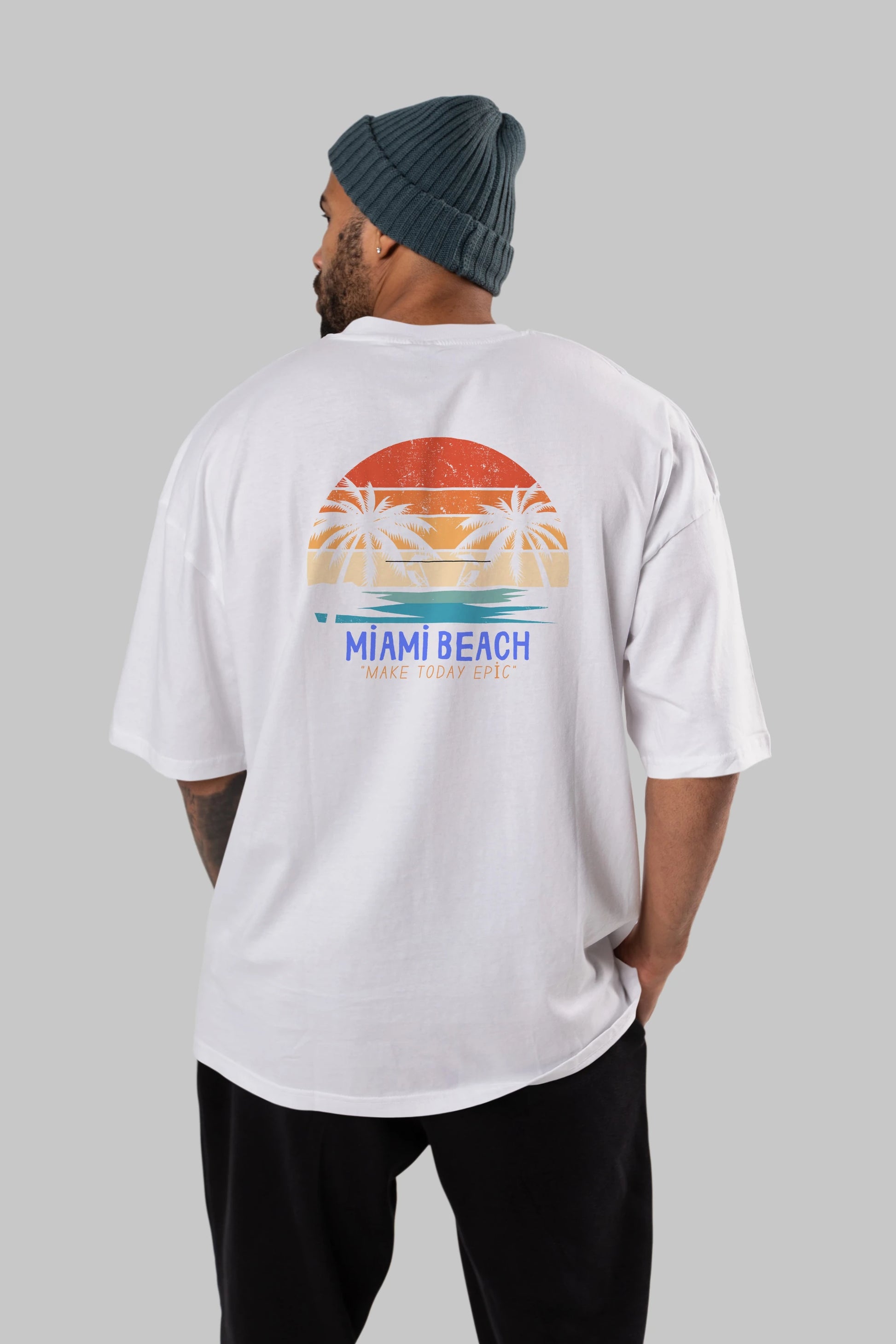 Miami Beach Yazılı Arka Baskılı Oversize t-shirt Erkek Kadın Unisex