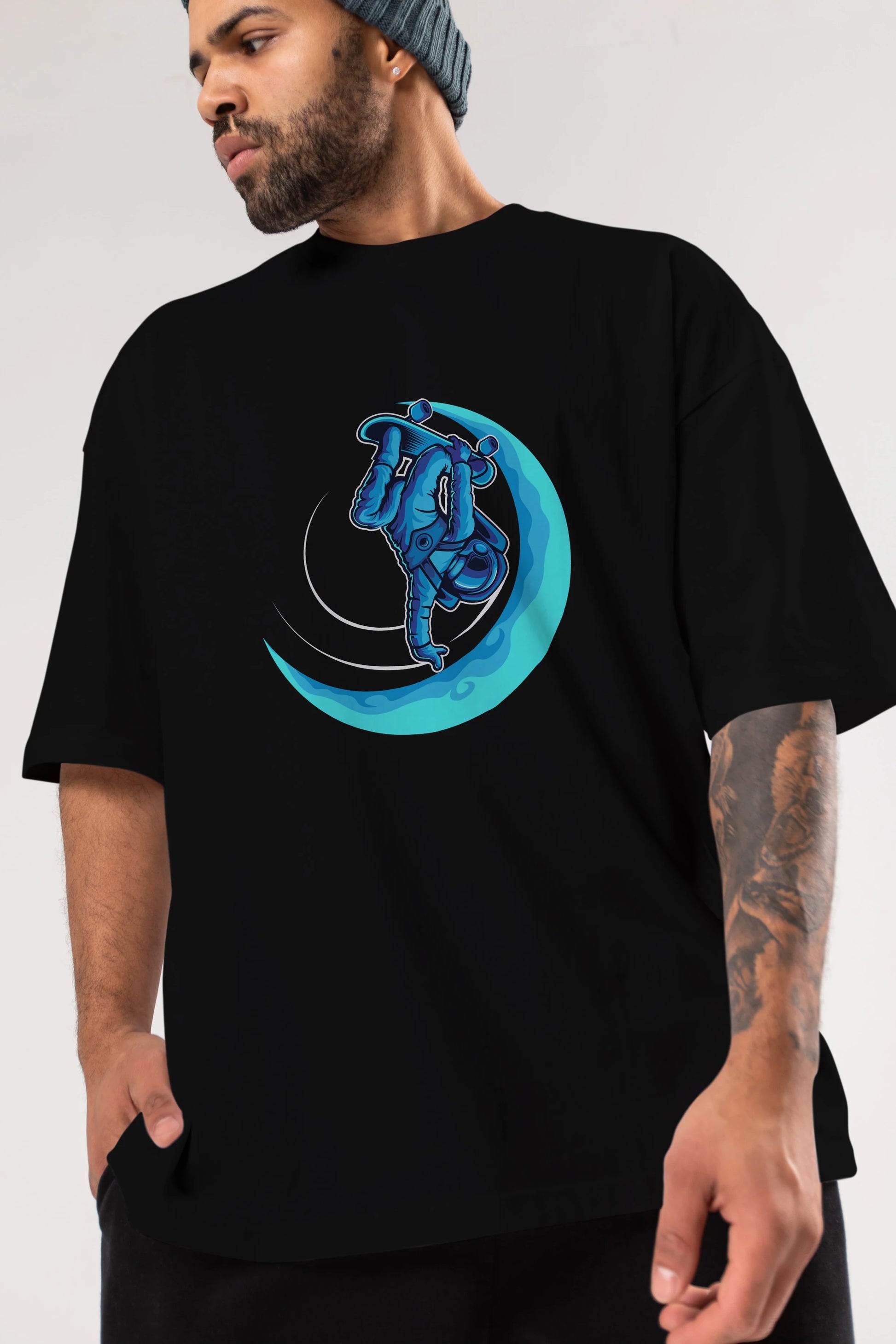Skating on the moon Ön Baskılı Oversize t-shirt Erkek Kadın Unisex