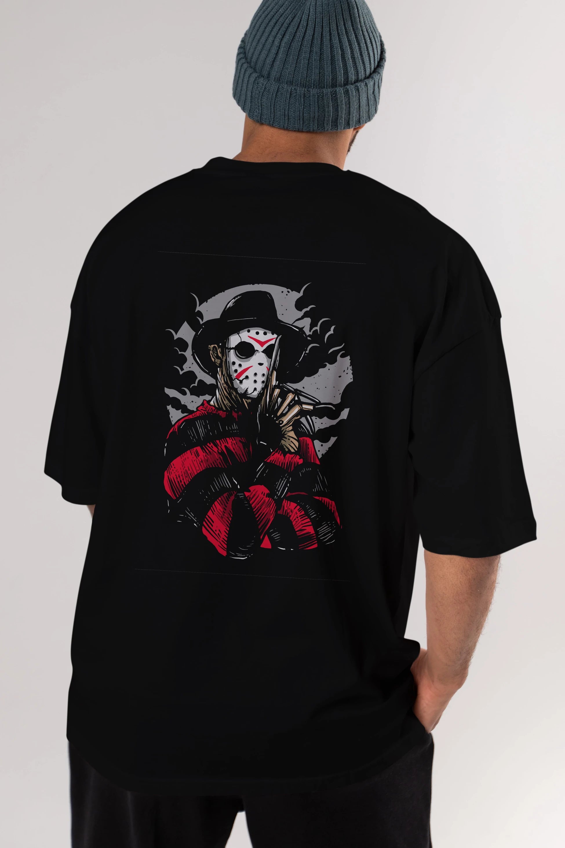 Freddy VS Jason (2) Arka Baskılı Oversize t-shirt Erkek Kadın Unisex %100 Pamuk